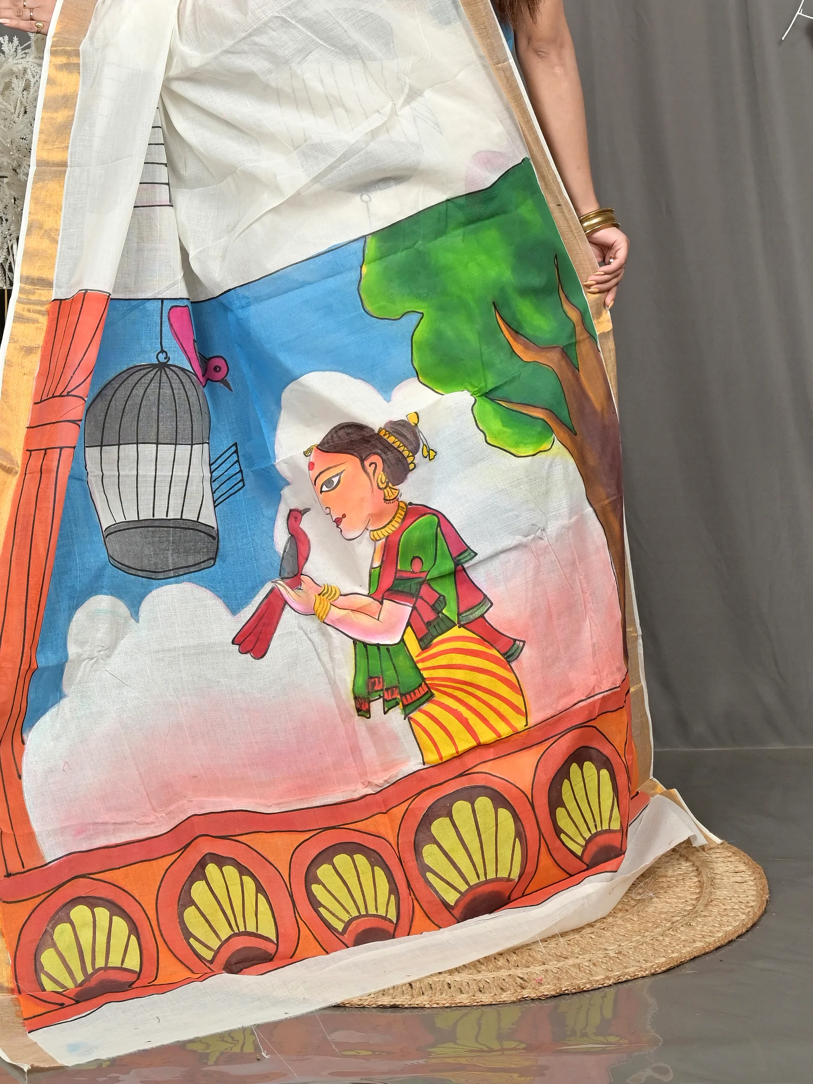 Multycolor Pure Cotton Hataka Hand Painted Saree (9110)