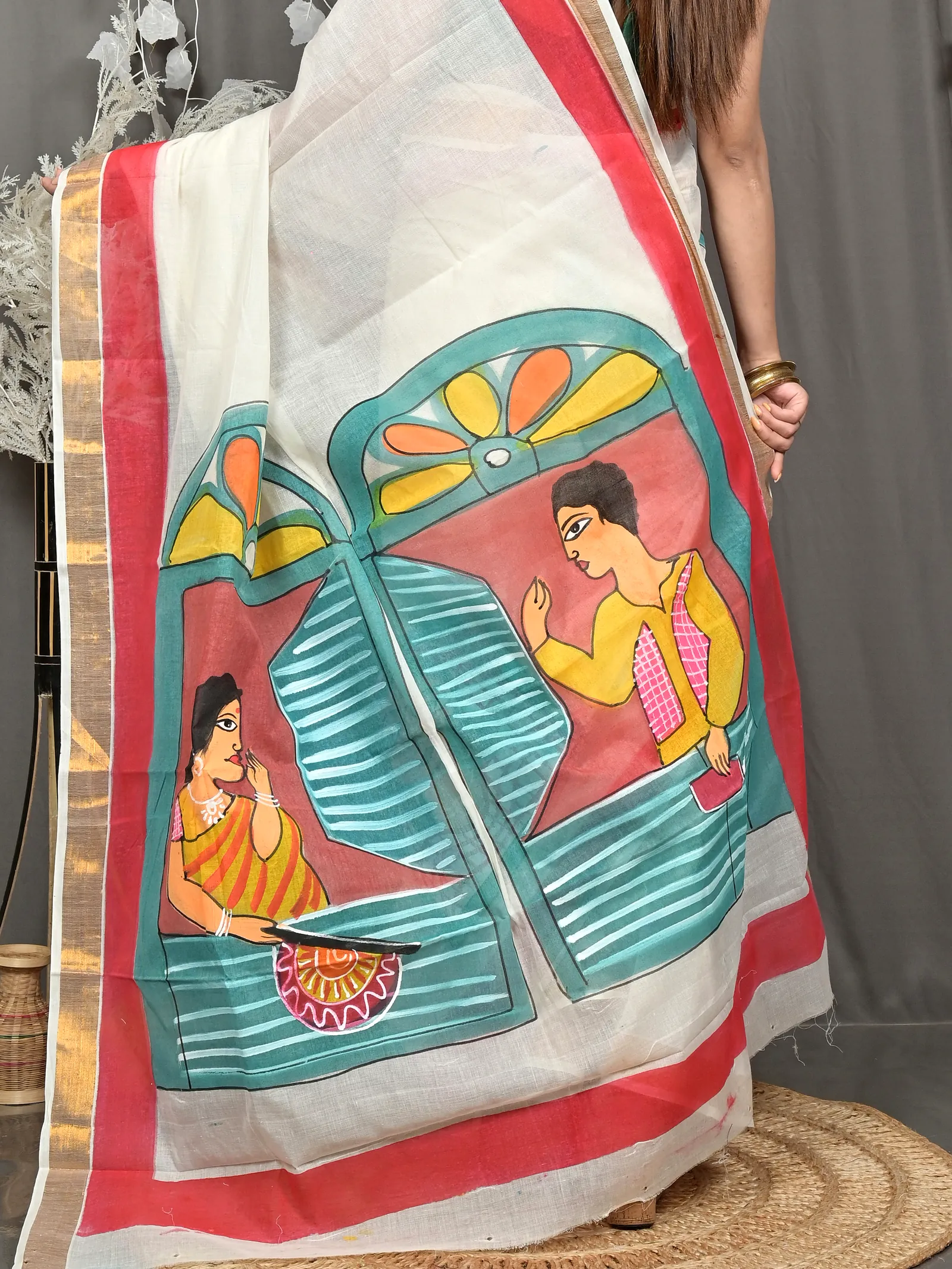 Multycolor Pure Cotton Hataka Hand Painted Saree (9111)