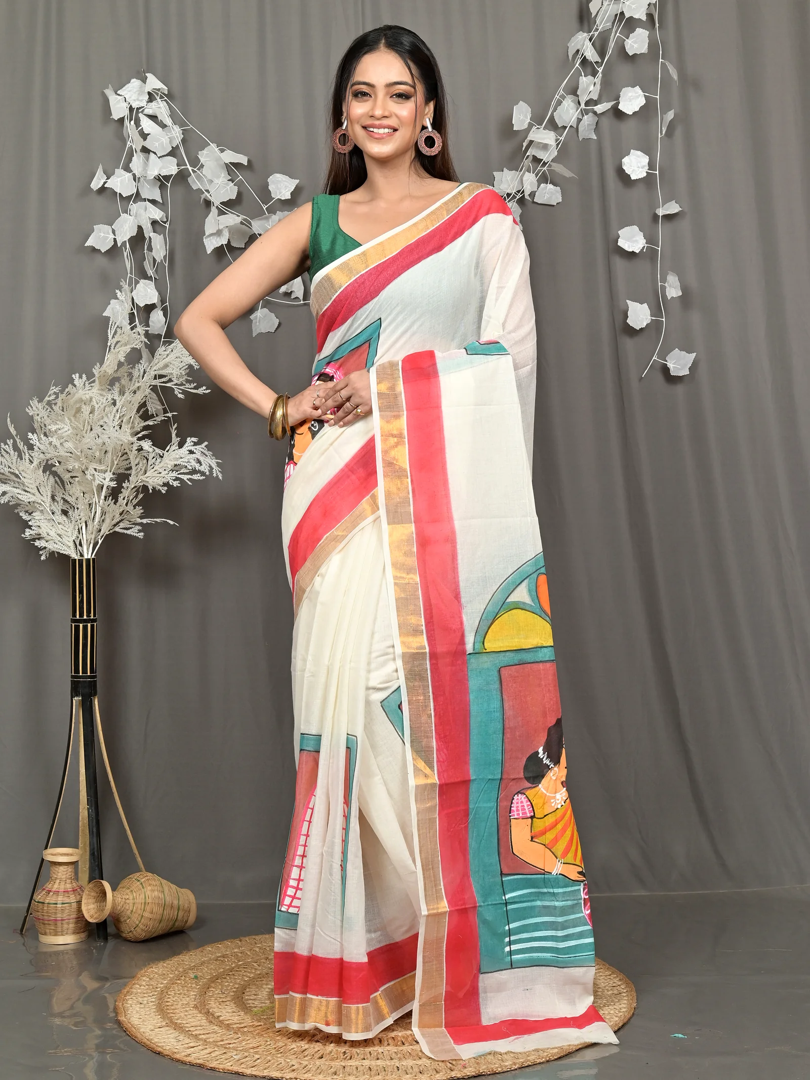 Multycolor Pure Cotton Hataka Hand Painted Saree (9111)