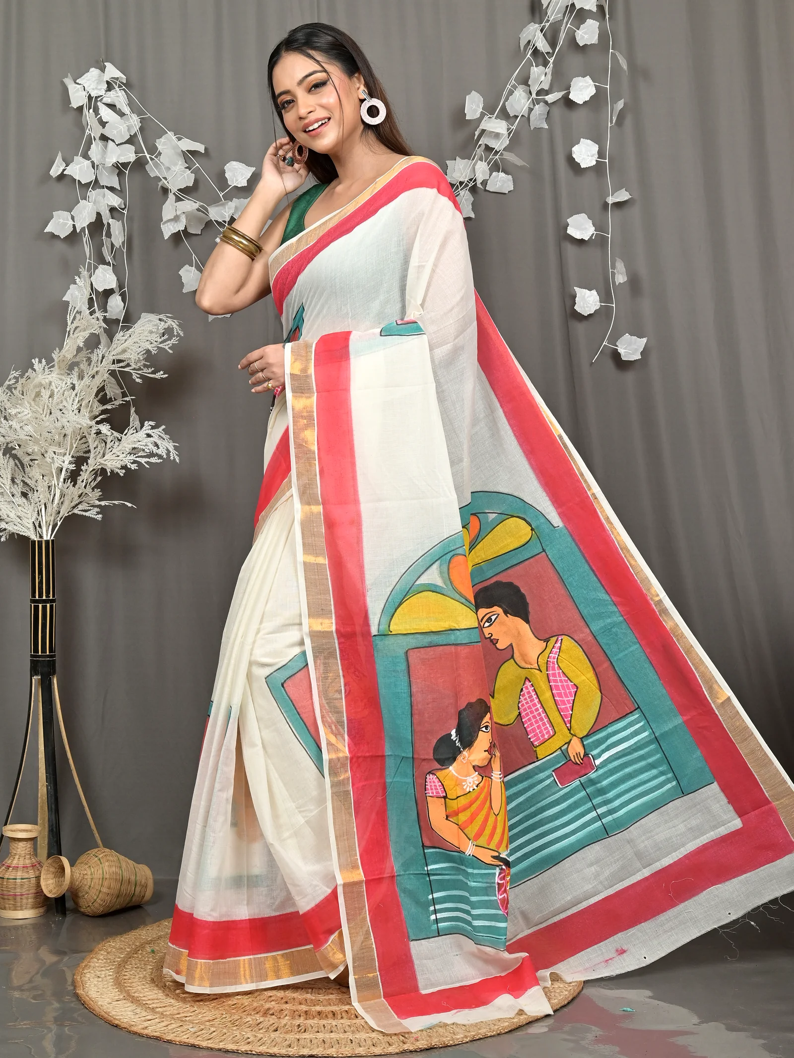 Multycolor Pure Cotton Hataka Hand Painted Saree (9111)