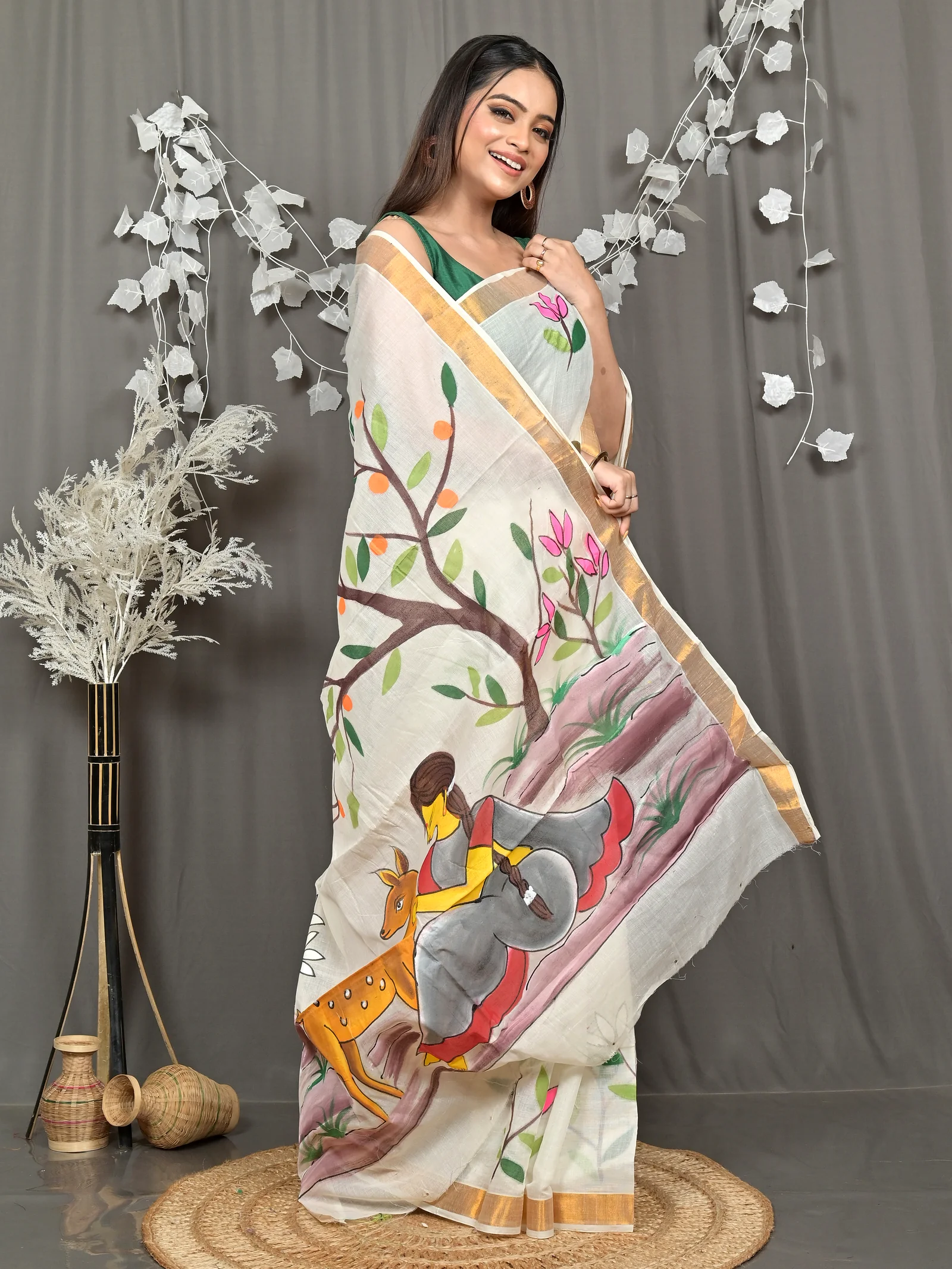 Multycolor Pure Cotton Hataka Hand Painted Saree (9112)