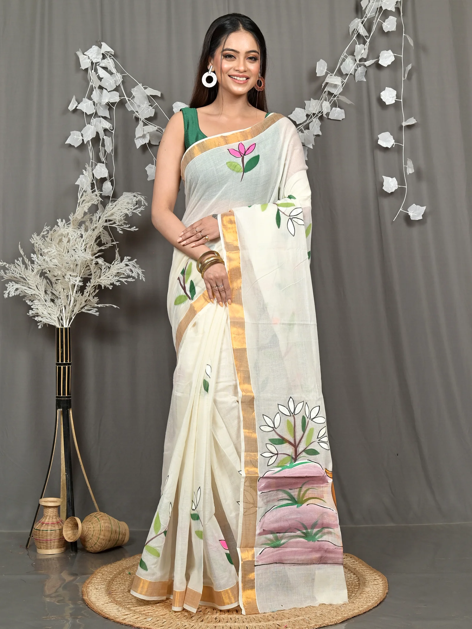 Multycolor Pure Cotton Hataka Hand Painted Saree (9112)