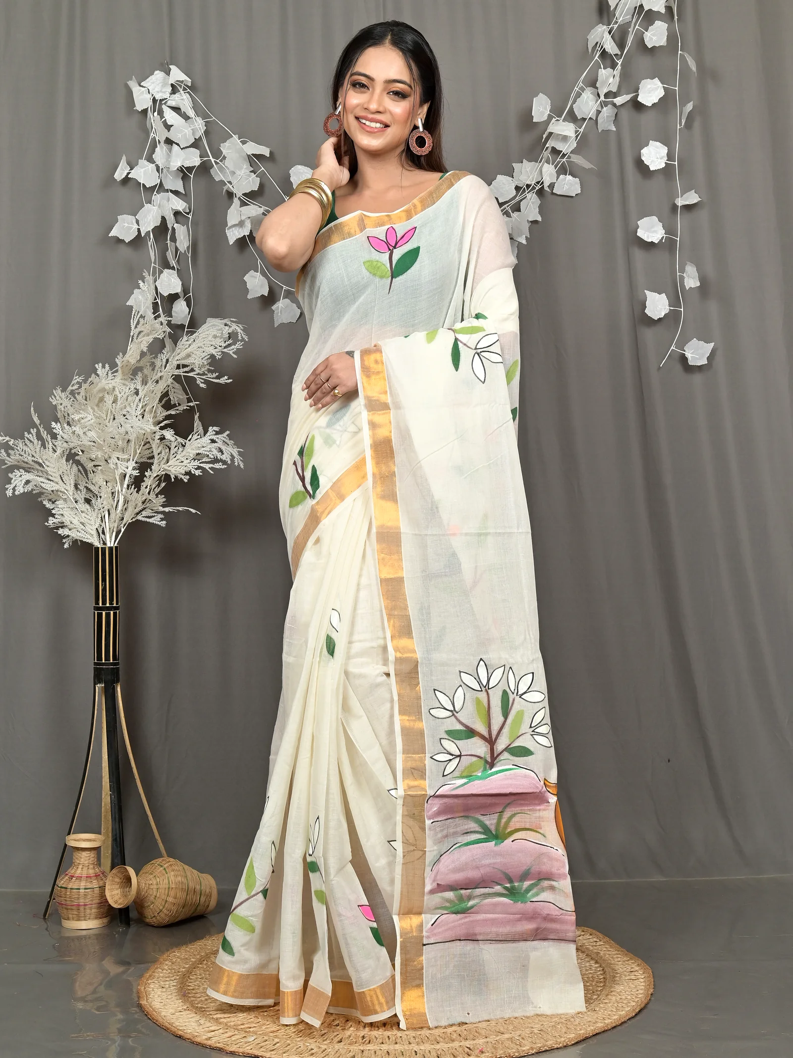 Multycolor Pure Cotton Hataka Hand Painted Saree (9112)