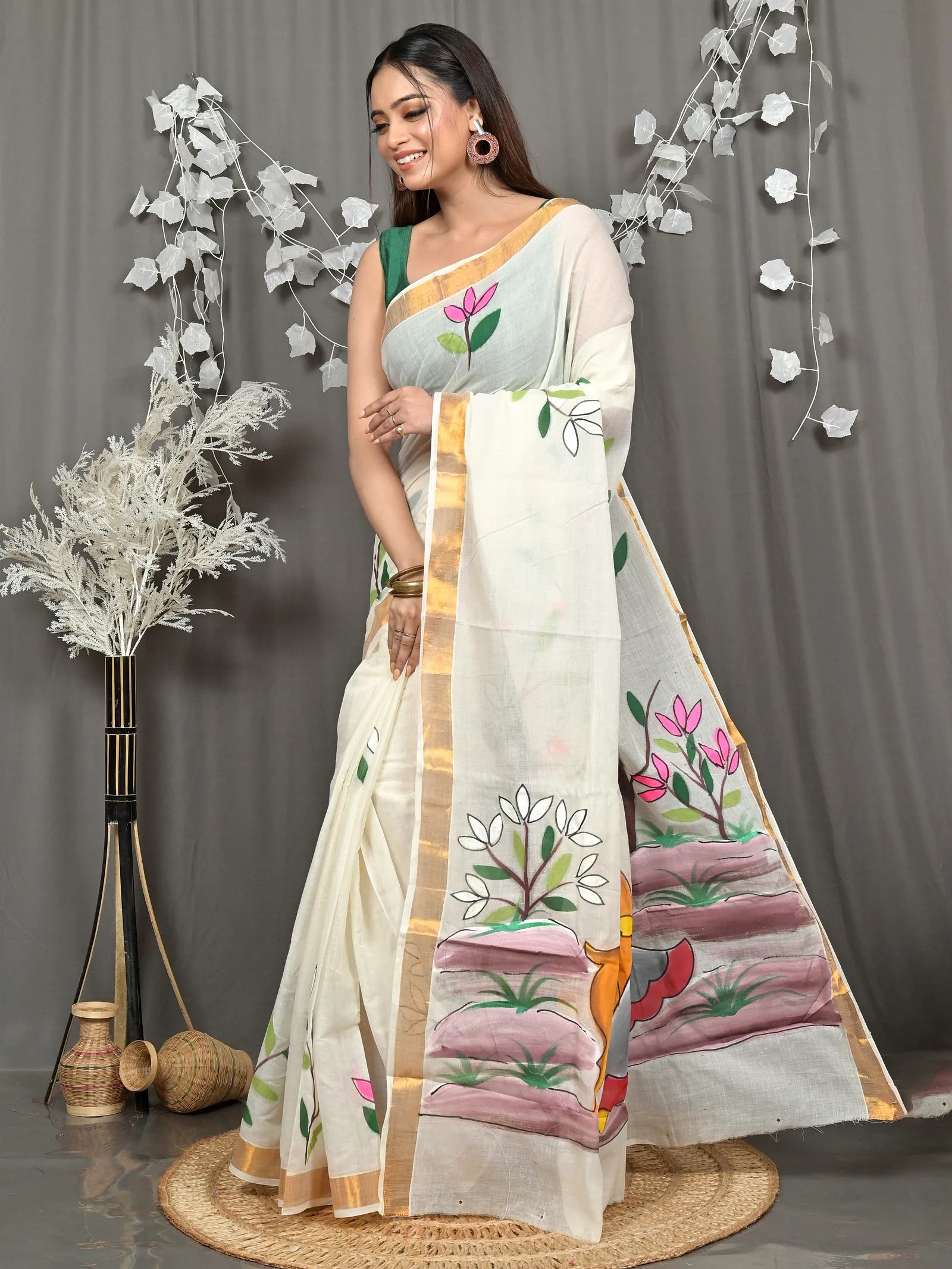 Multycolor Pure Cotton Hataka Hand Painted Saree (9112)