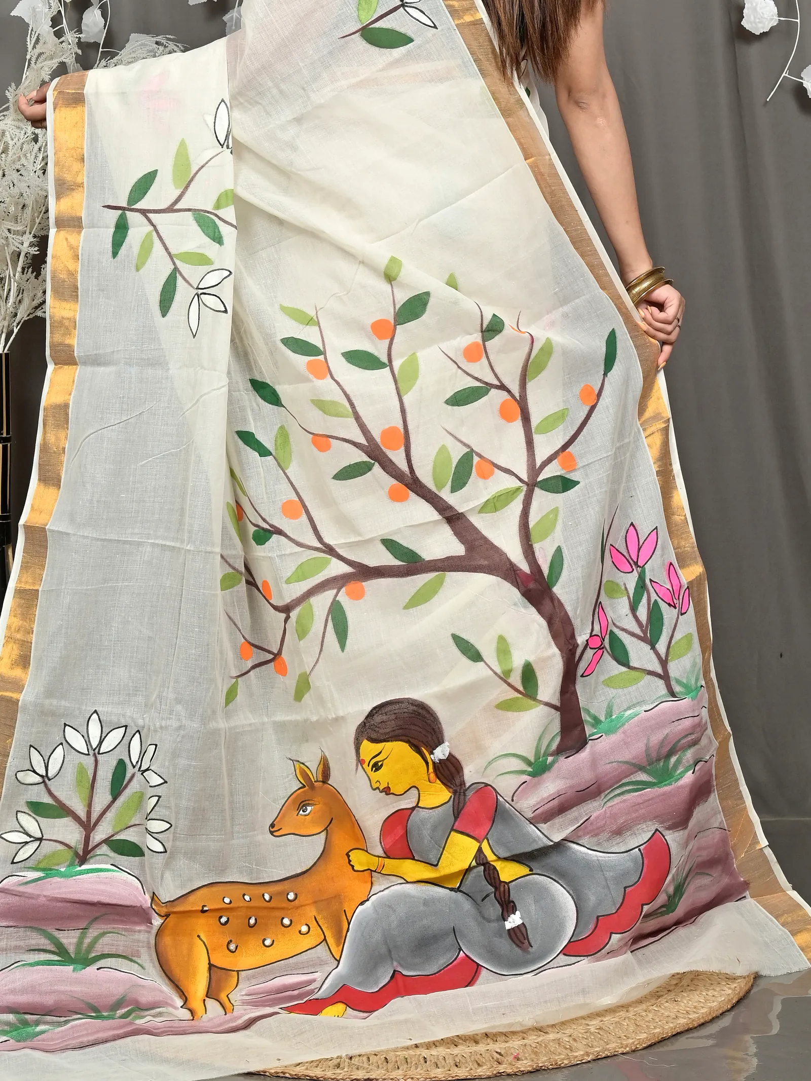 Multycolor Pure Cotton Hataka Hand Painted Saree (9112)