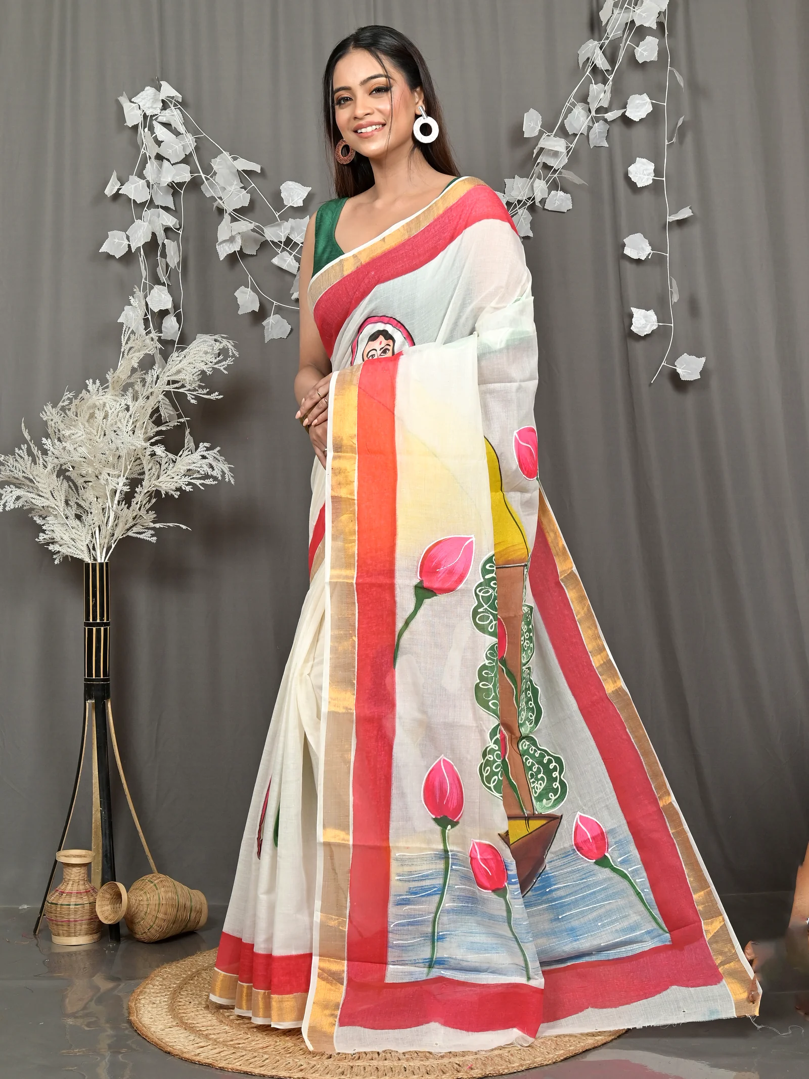 Multycolor Pure Cotton Hataka Hand Painted Saree (9113)