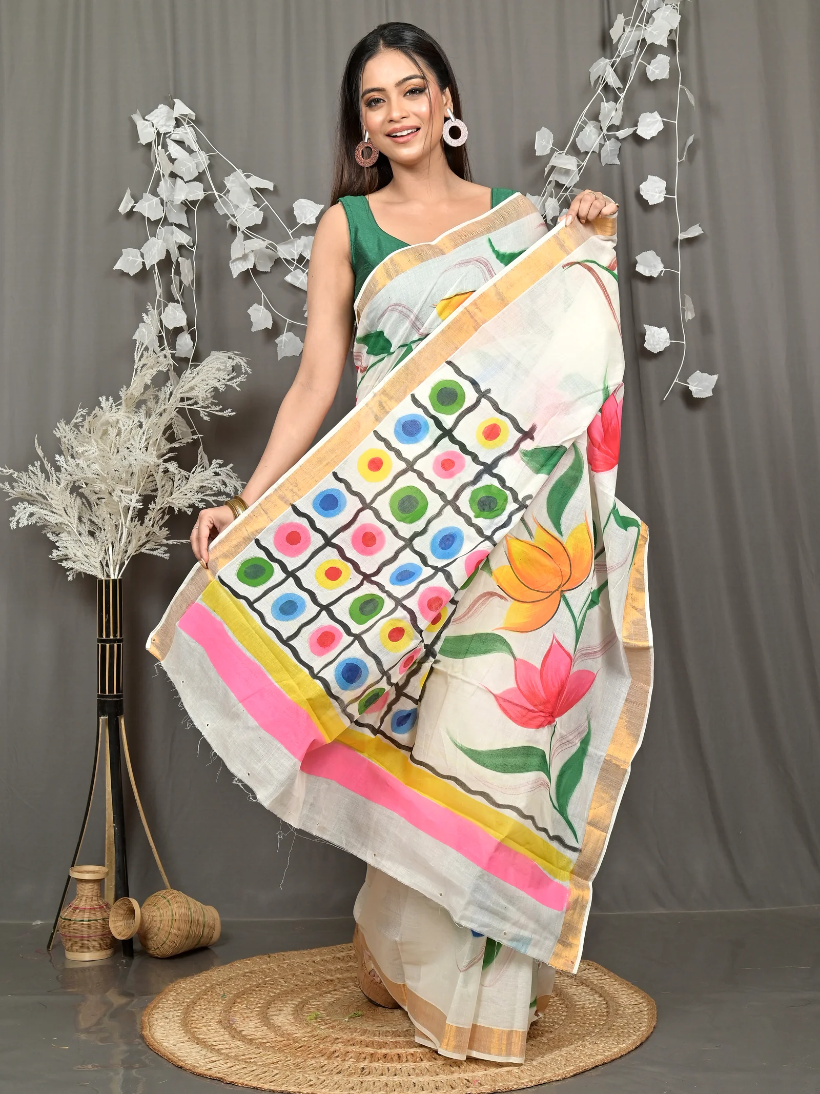 Multycolor Pure Cotton Hataka Hand Painted Saree (9114)