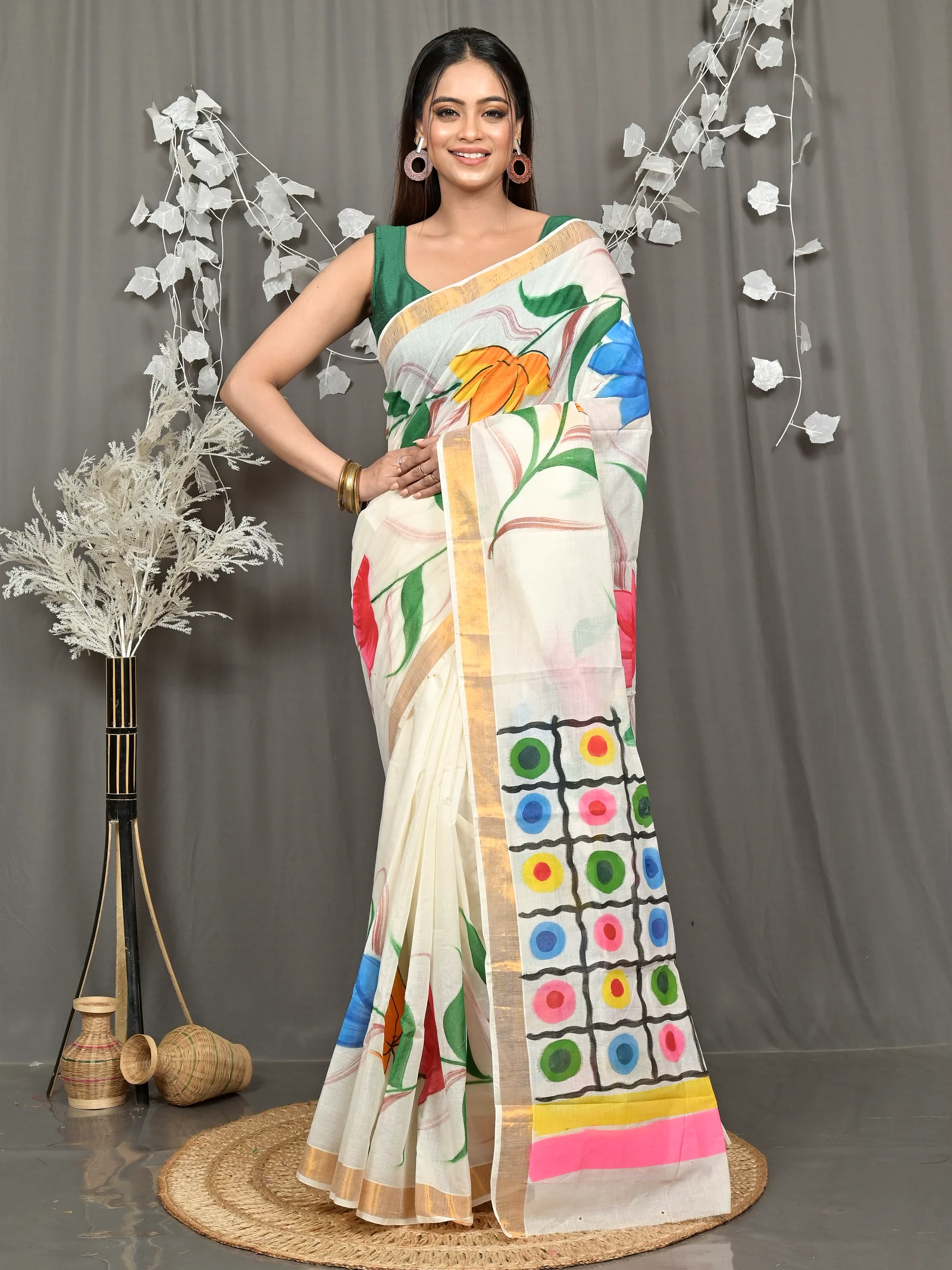 Multycolor Pure Cotton Hataka Hand Painted Saree (9114)