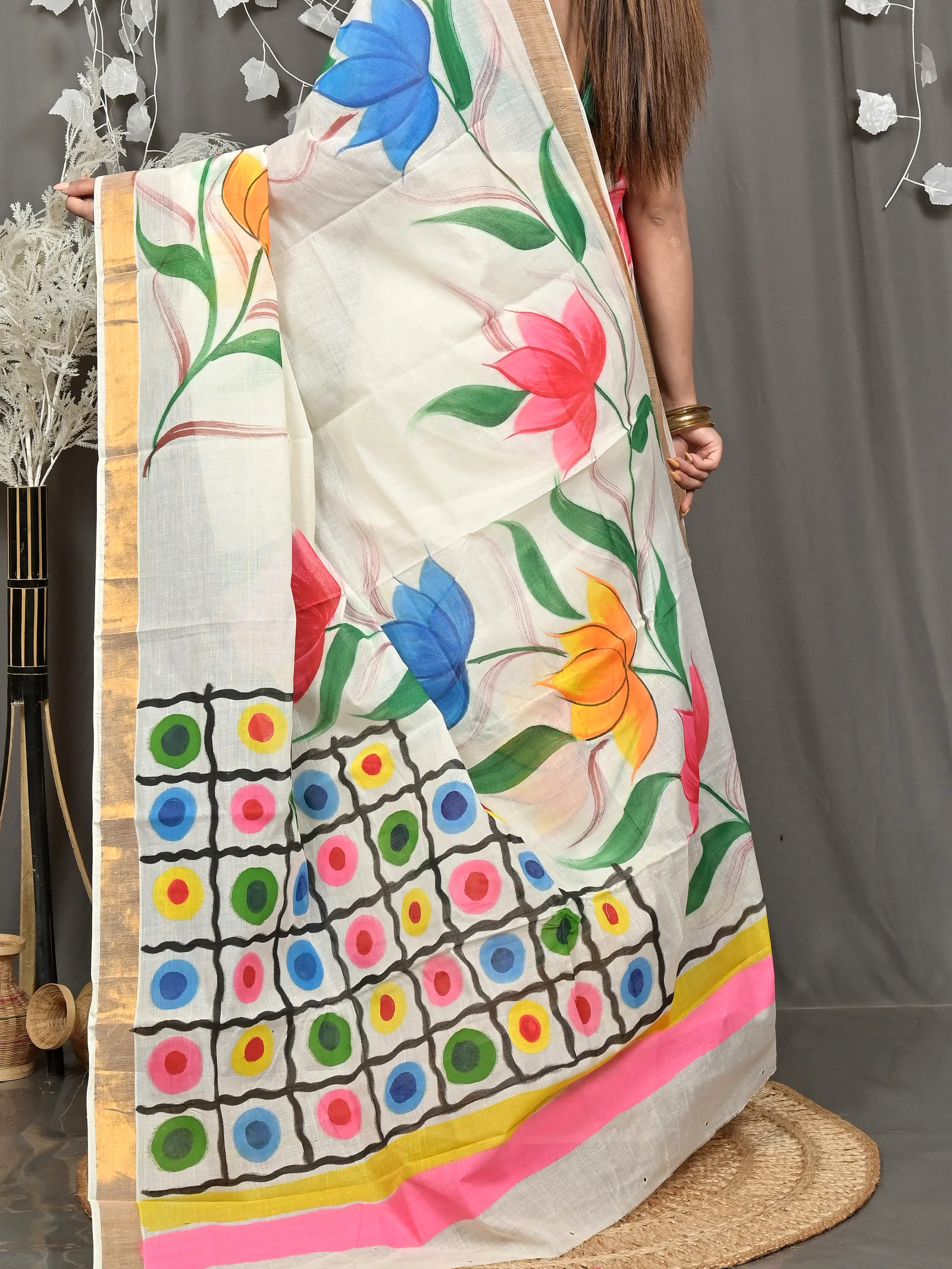 Multycolor Pure Cotton Hataka Hand Painted Saree (9114)