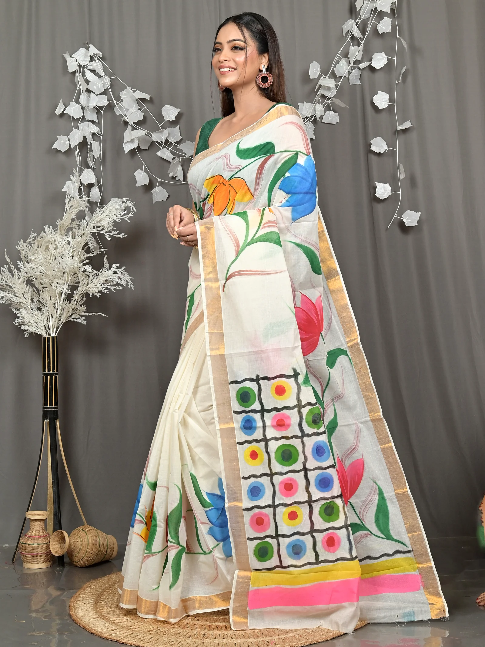 Multycolor Pure Cotton Hataka Hand Painted Saree (9114)