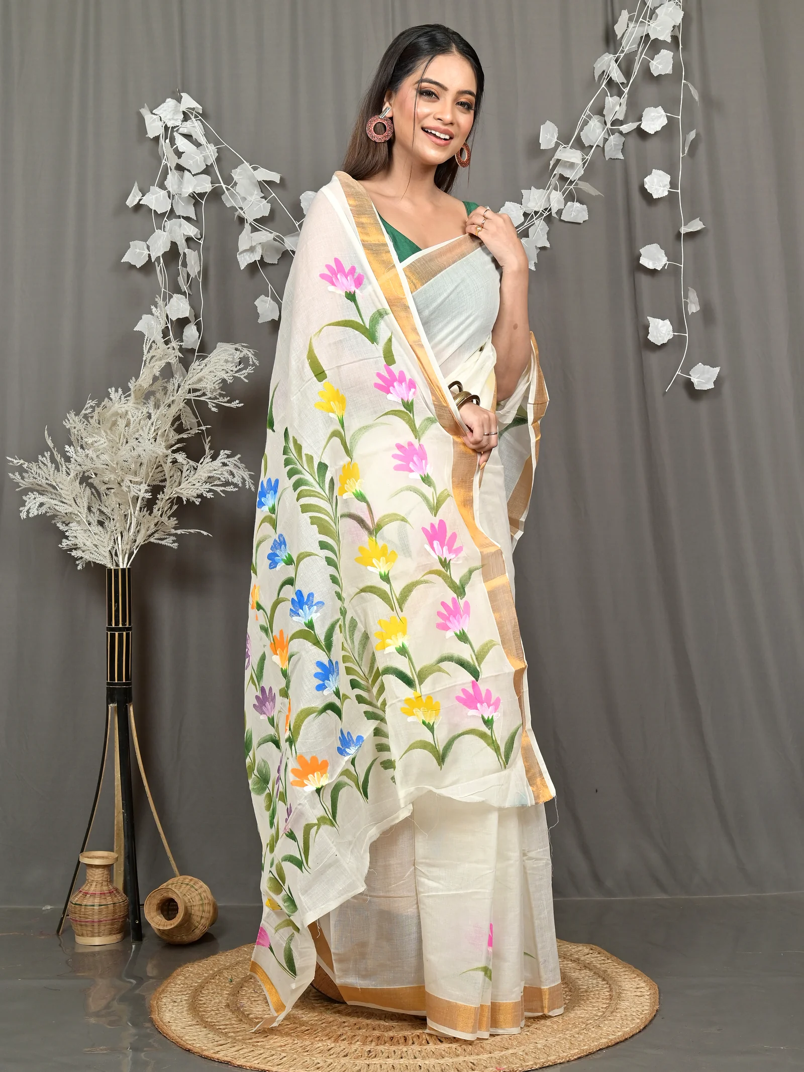 Multycolor Pure Cotton Hataka Hand Painted Saree (9115)