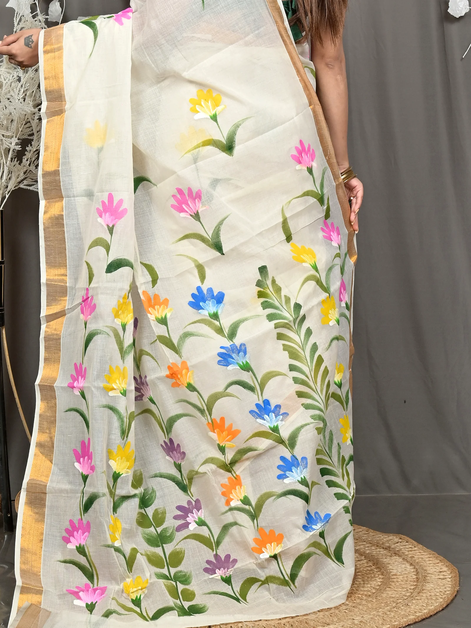 Multycolor Pure Cotton Hataka Hand Painted Saree (9115)