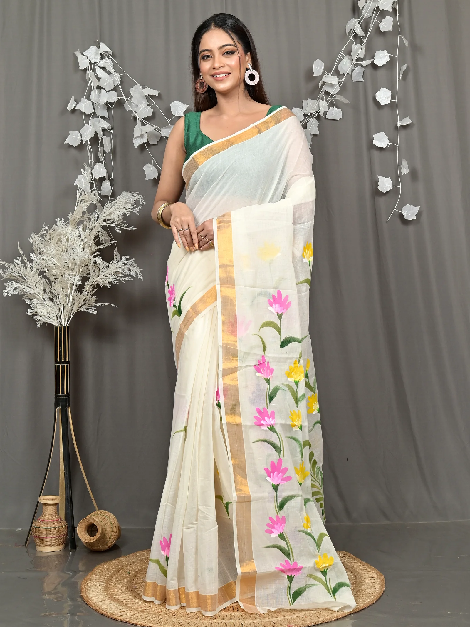 Multycolor Pure Cotton Hataka Hand Painted Saree (9115)