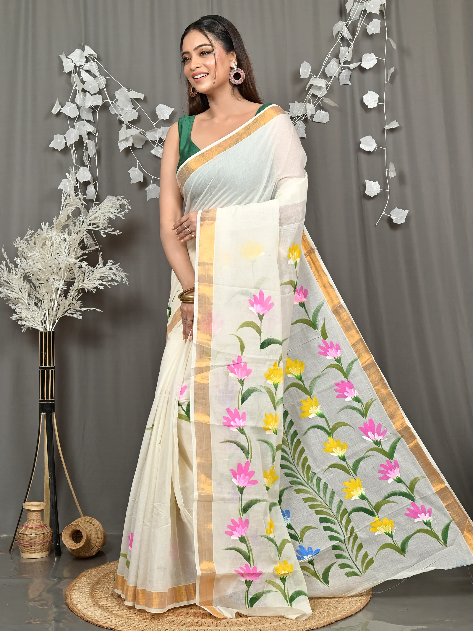 Multycolor Pure Cotton Hataka Hand Painted Saree (9115)