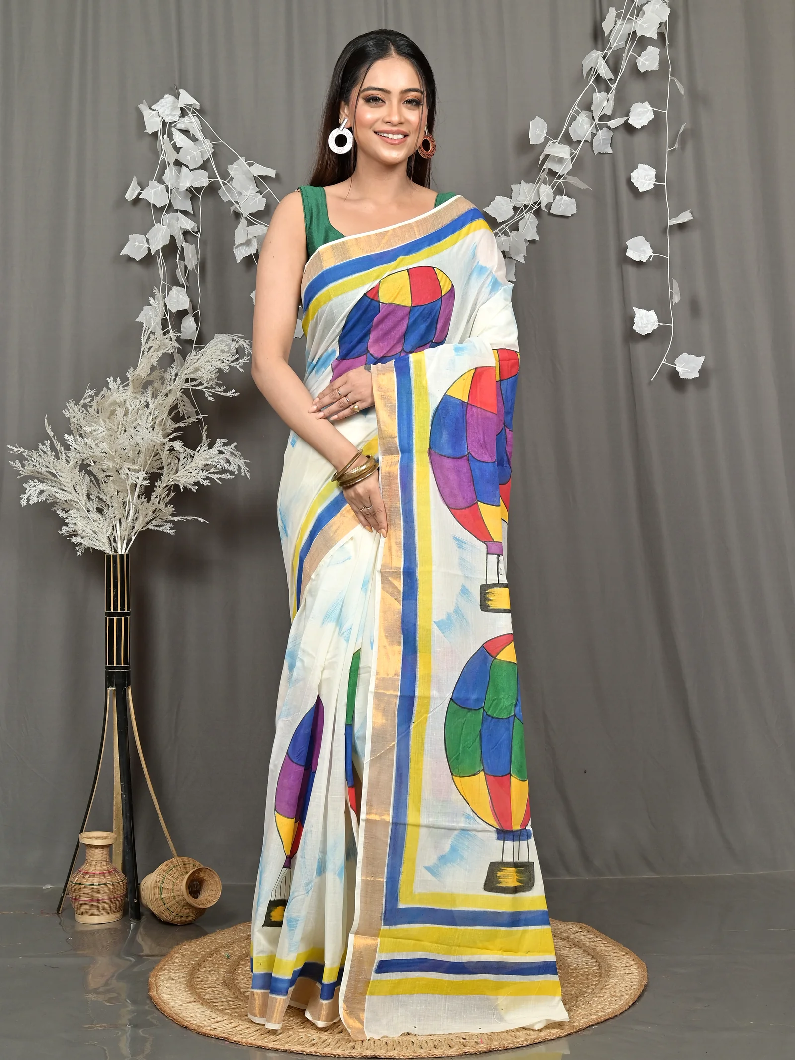 Multycolor Pure Cotton Hataka Hand Painted Saree (9116)