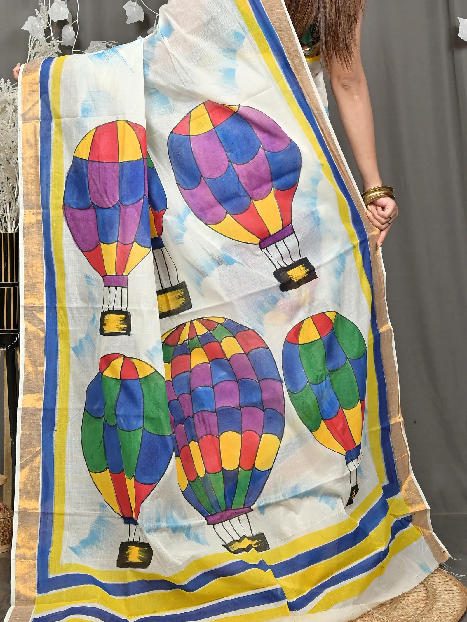 Multycolor Pure Cotton Hataka Hand Painted Saree (9116)