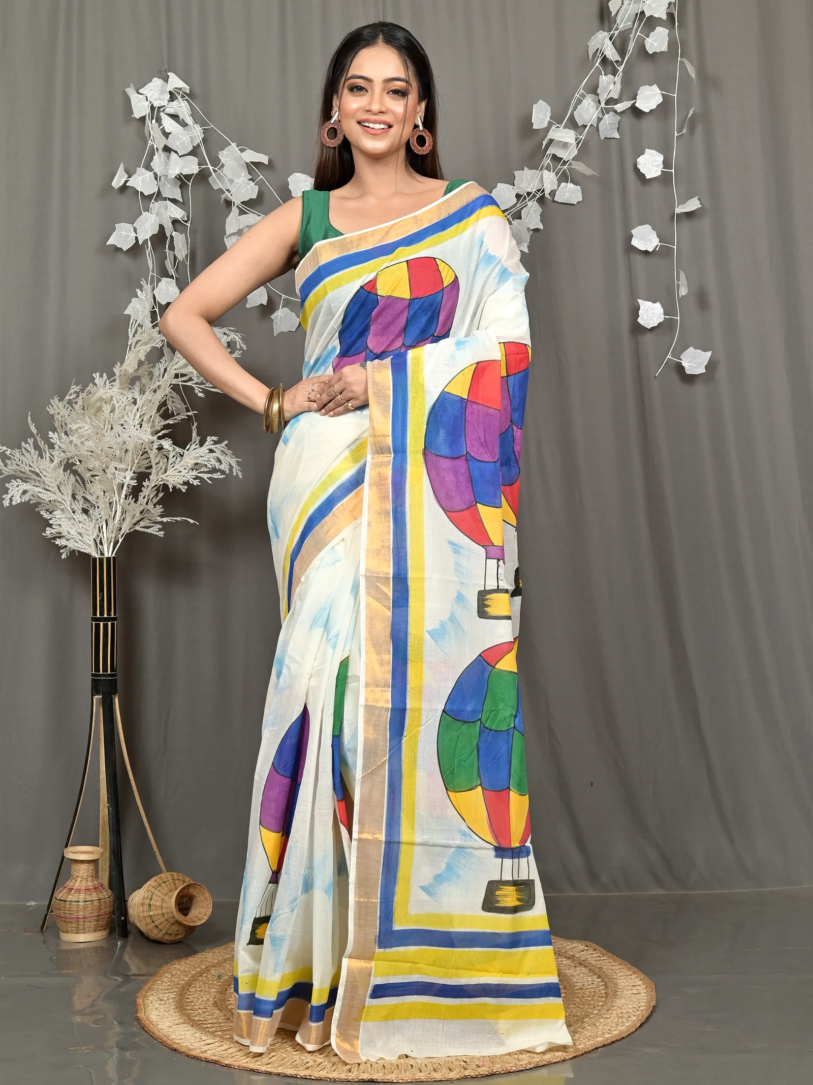 Multycolor Pure Cotton Hataka Hand Painted Saree (9116)