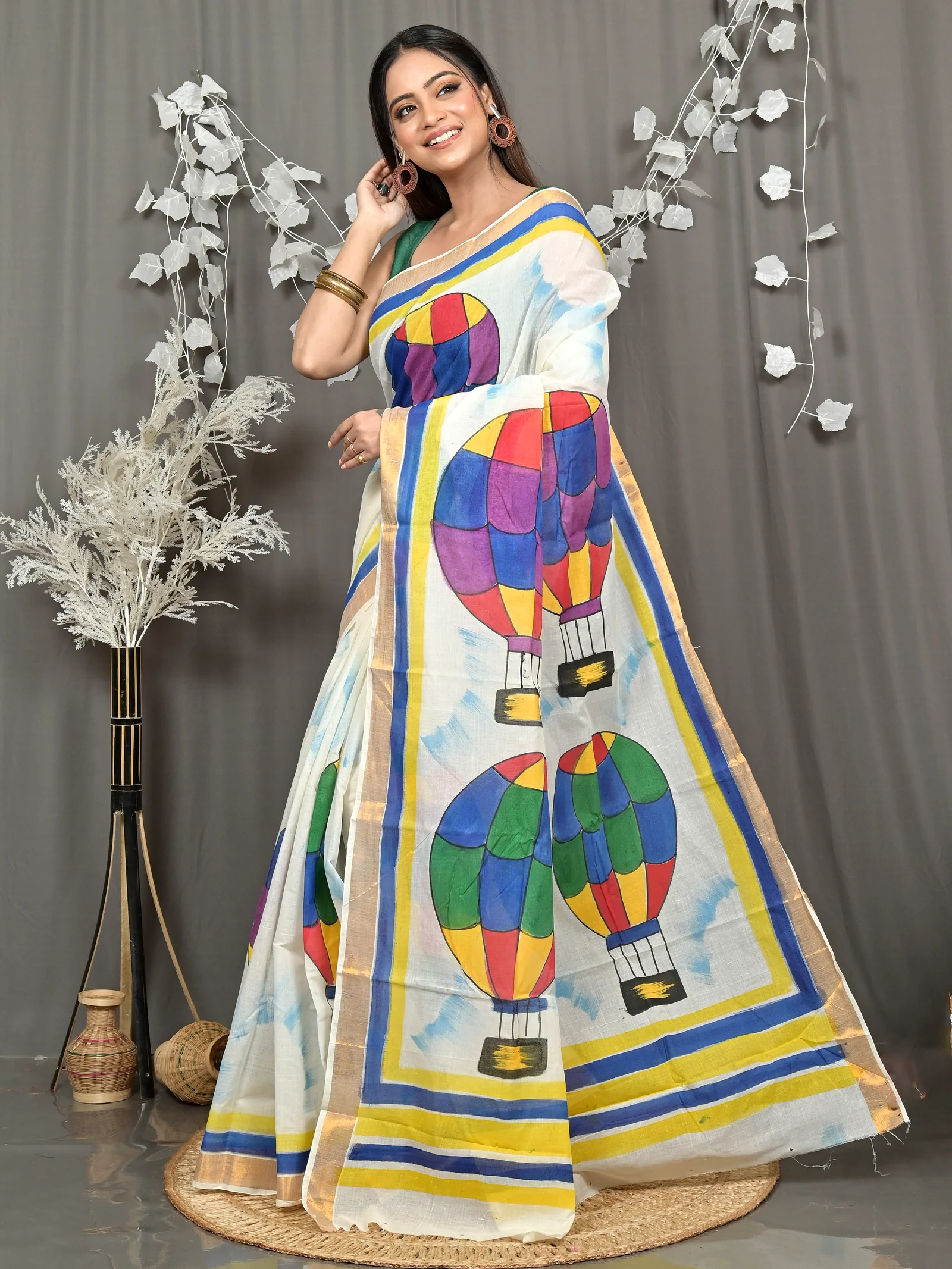 Multycolor Pure Cotton Hataka Hand Painted Saree (9116)