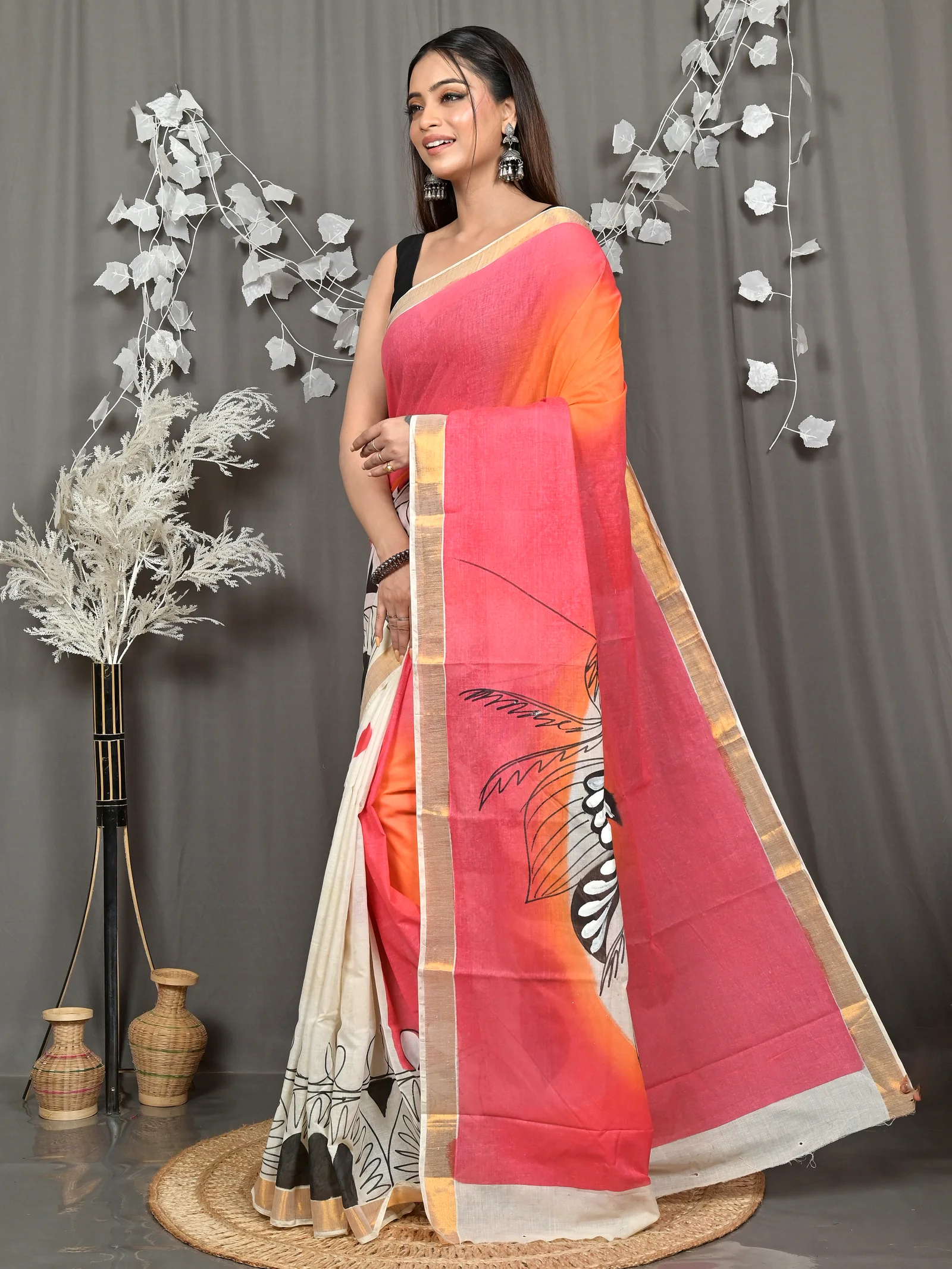 Multycolor Pure Cotton Hataka Hand Painted Saree (9117)