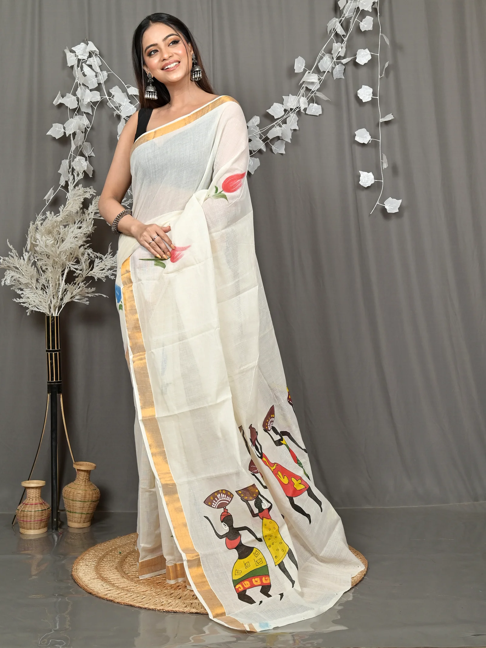 Multycolor Pure Cotton Hataka Hand Painted Saree (9118)