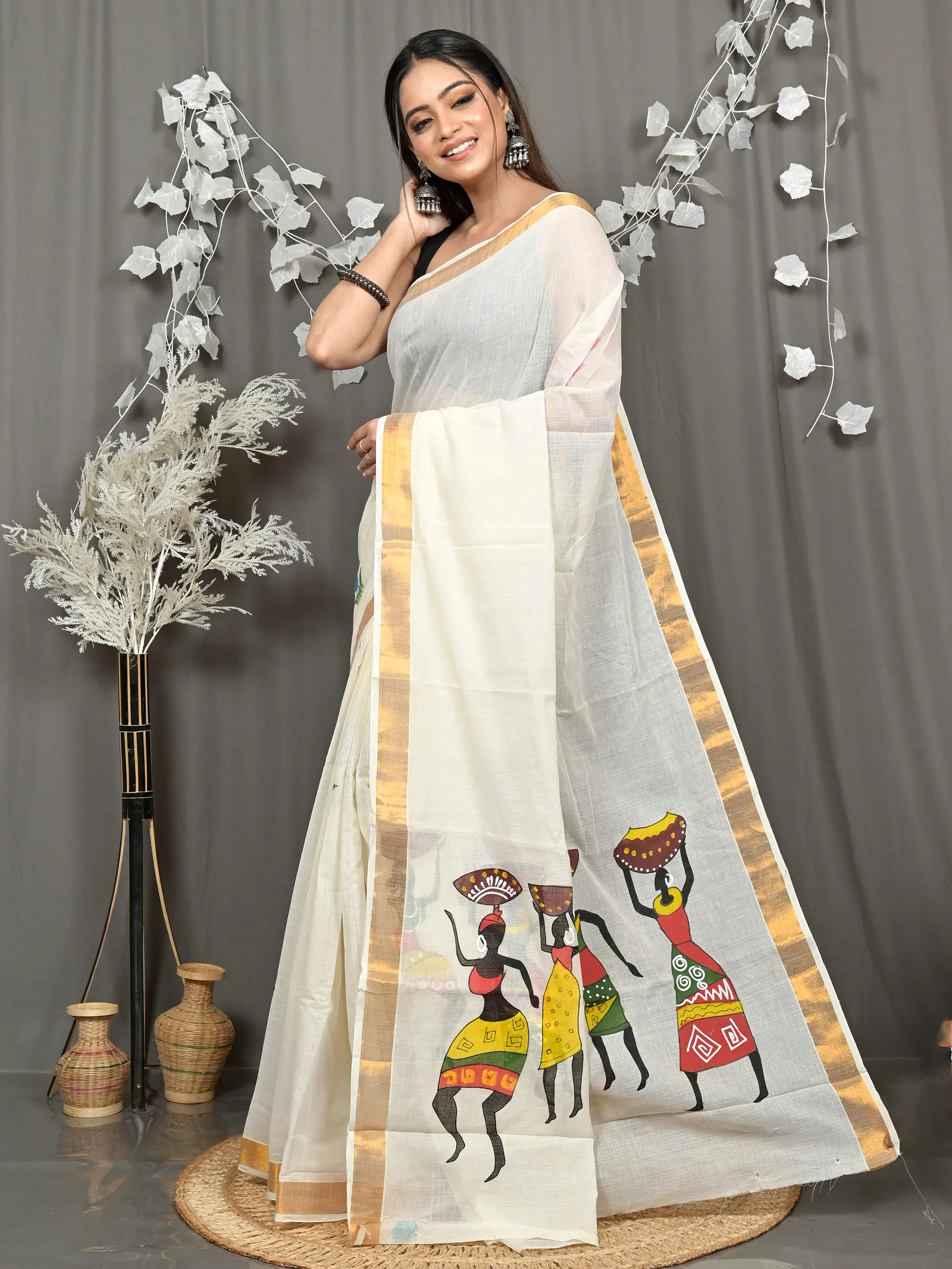 Multycolor Pure Cotton Hataka Hand Painted Saree (9118)