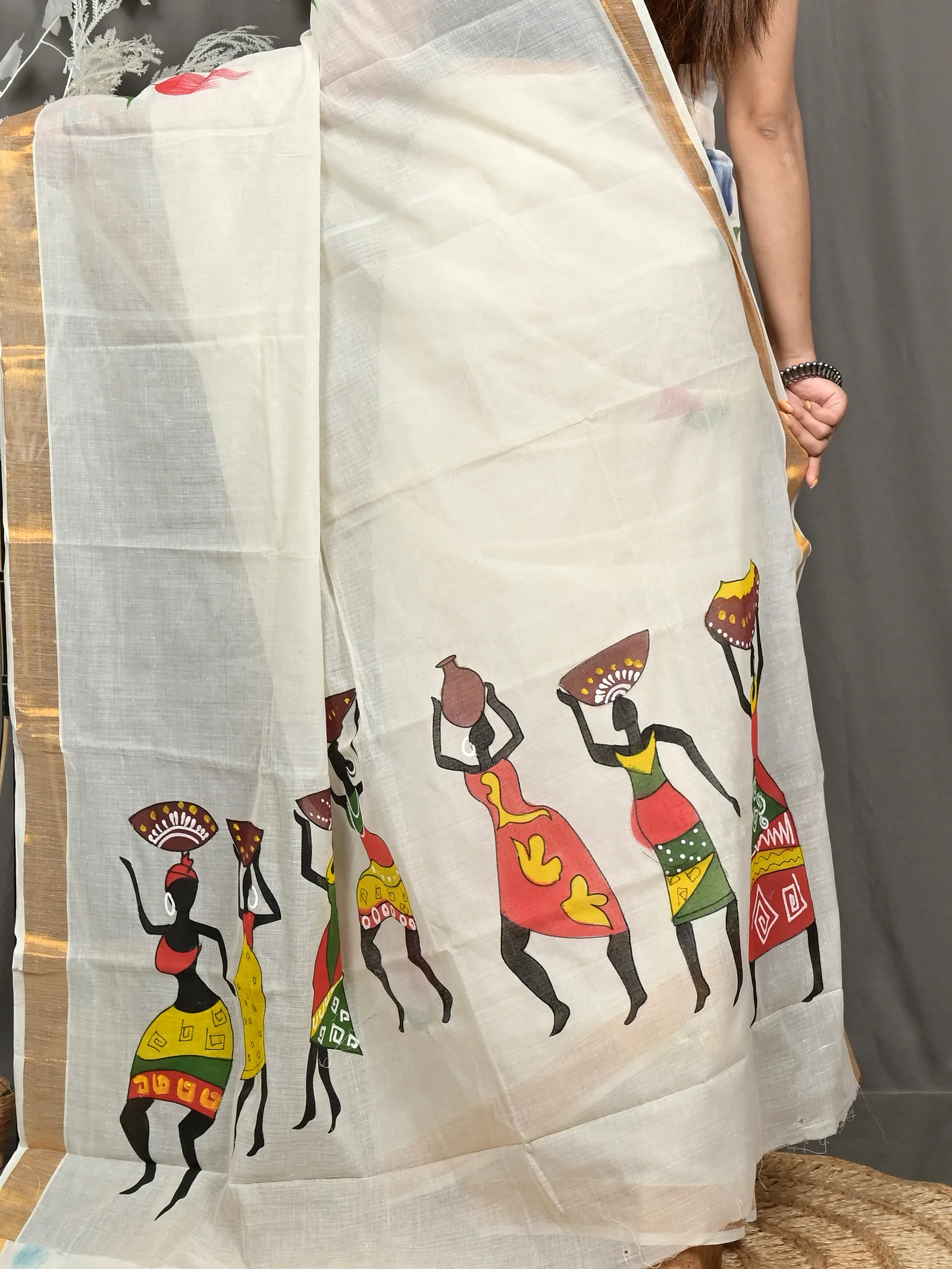 Multycolor Pure Cotton Hataka Hand Painted Saree (9118)