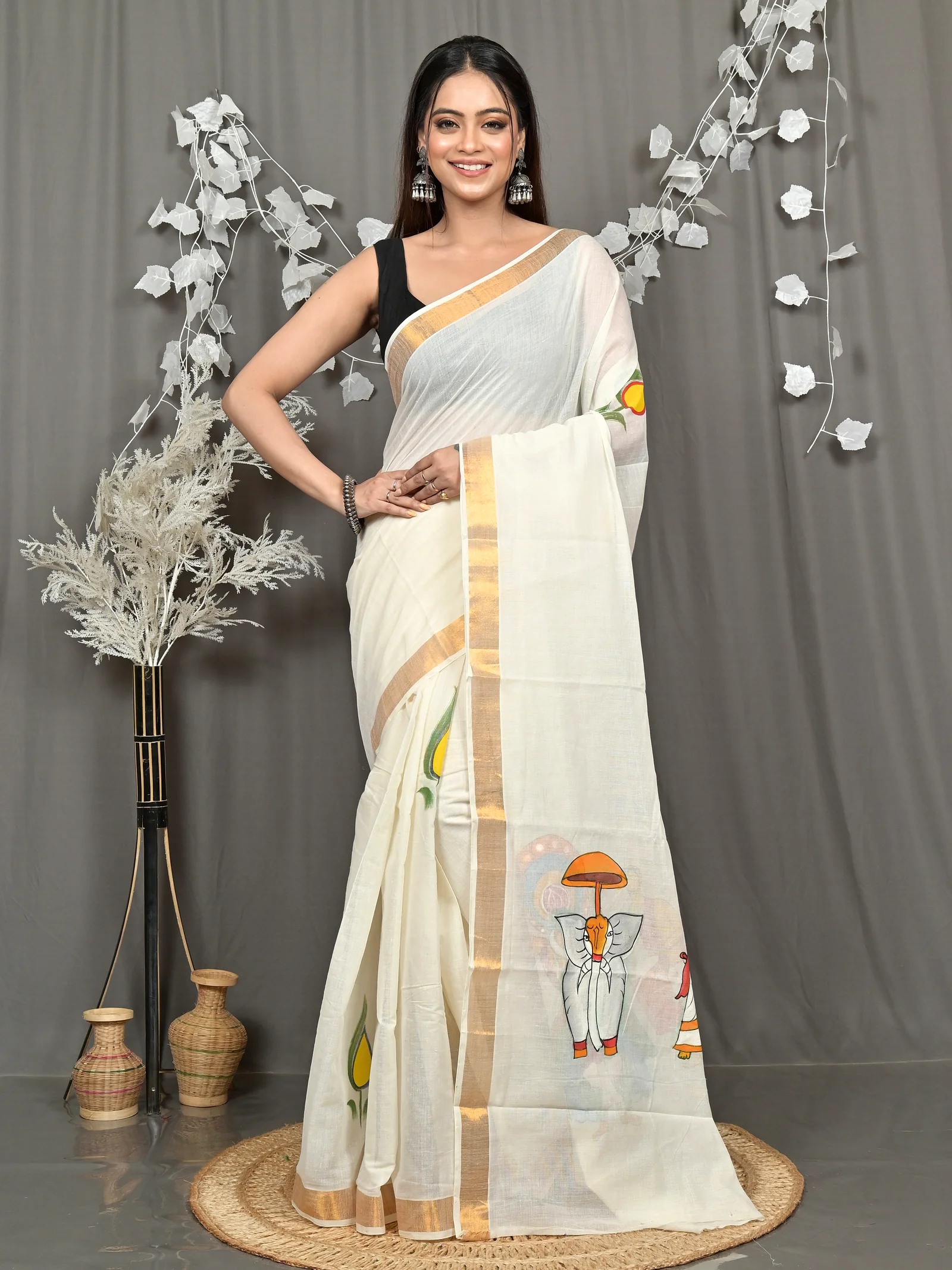 Multycolor Pure Cotton Hataka Hand Painted Saree (9119)