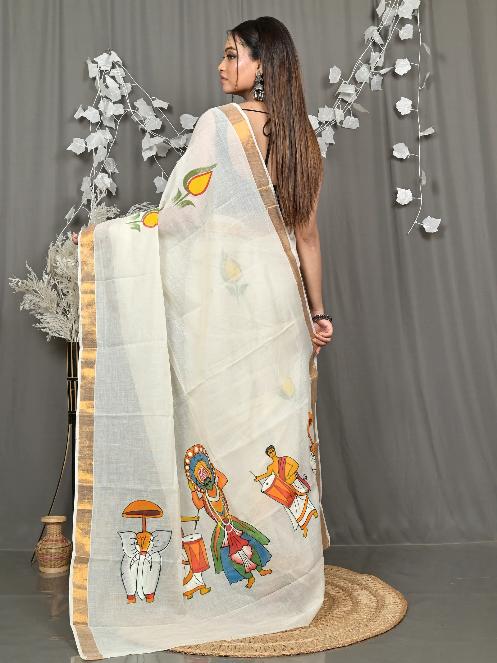Multycolor Pure Cotton Hataka Hand Painted Saree (9119)