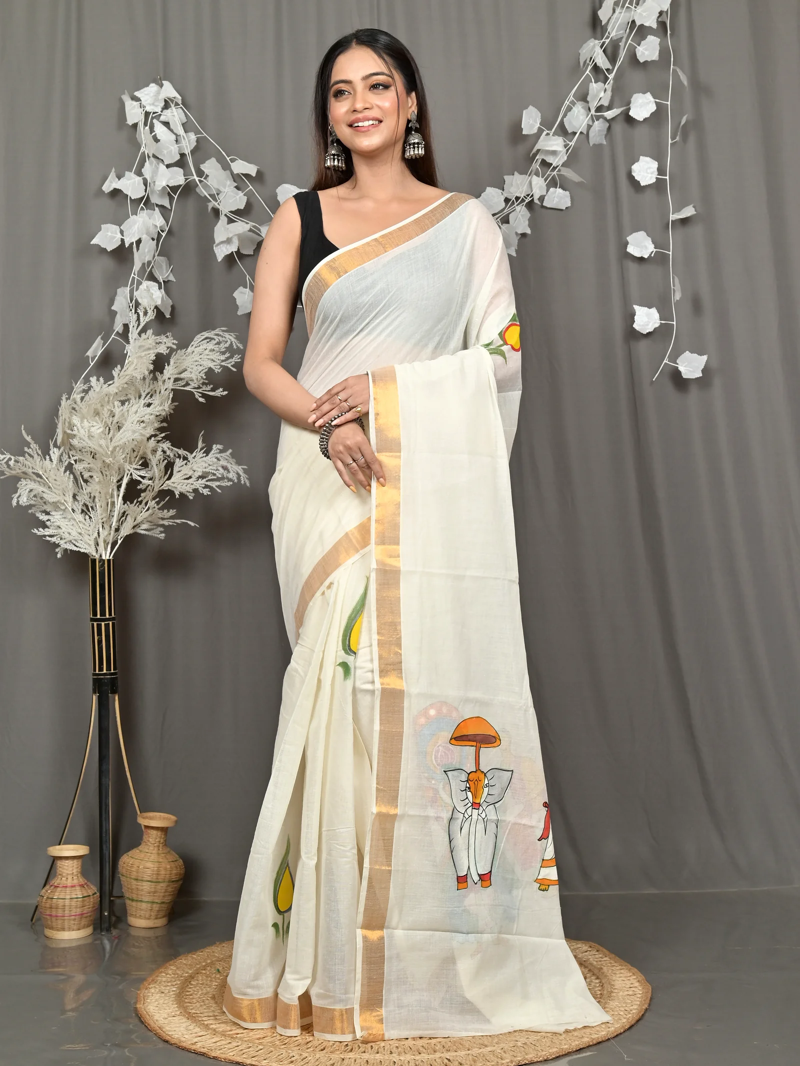 Multycolor Pure Cotton Hataka Hand Painted Saree (9119)