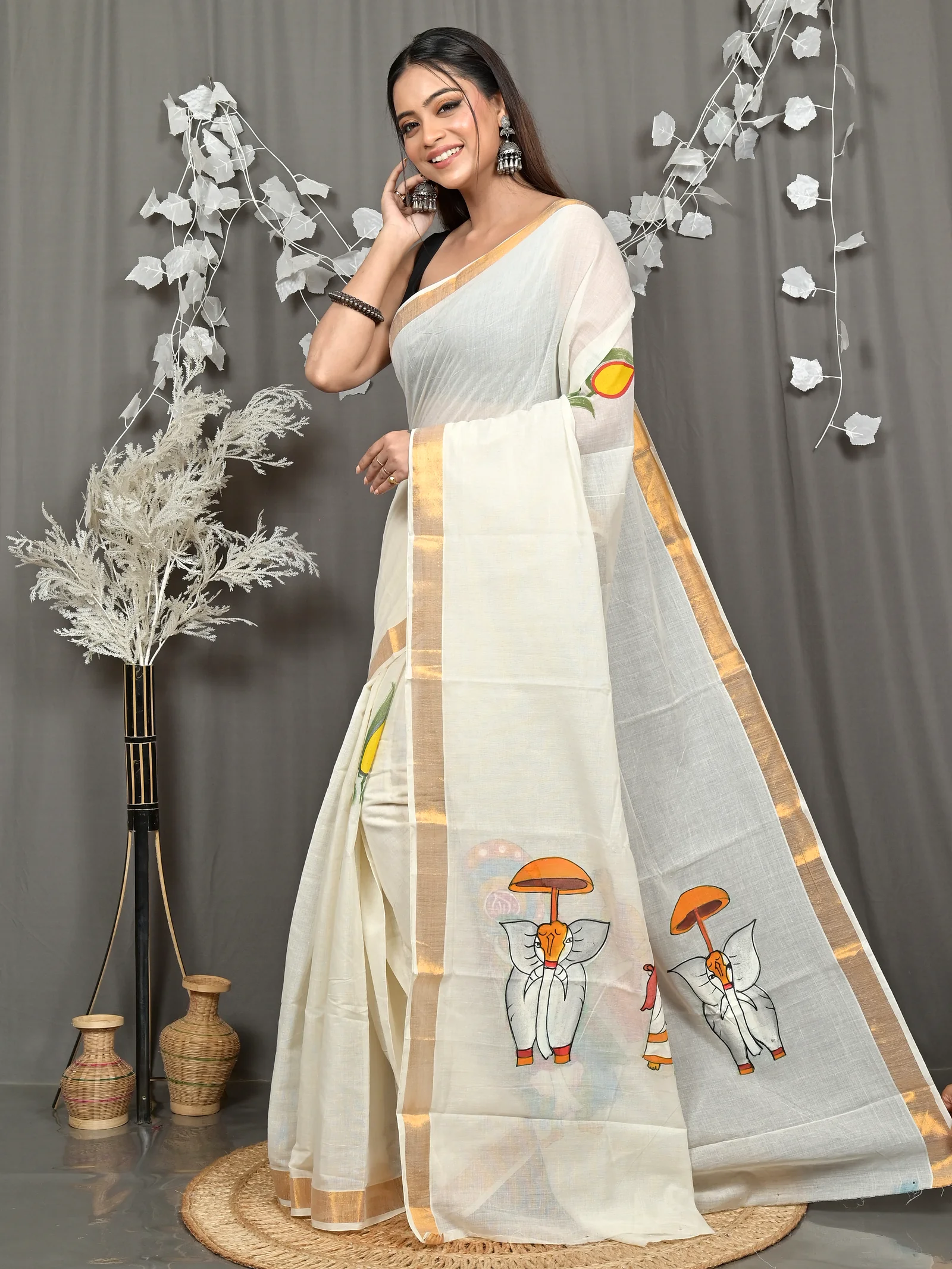 Multycolor Pure Cotton Hataka Hand Painted Saree (9119)