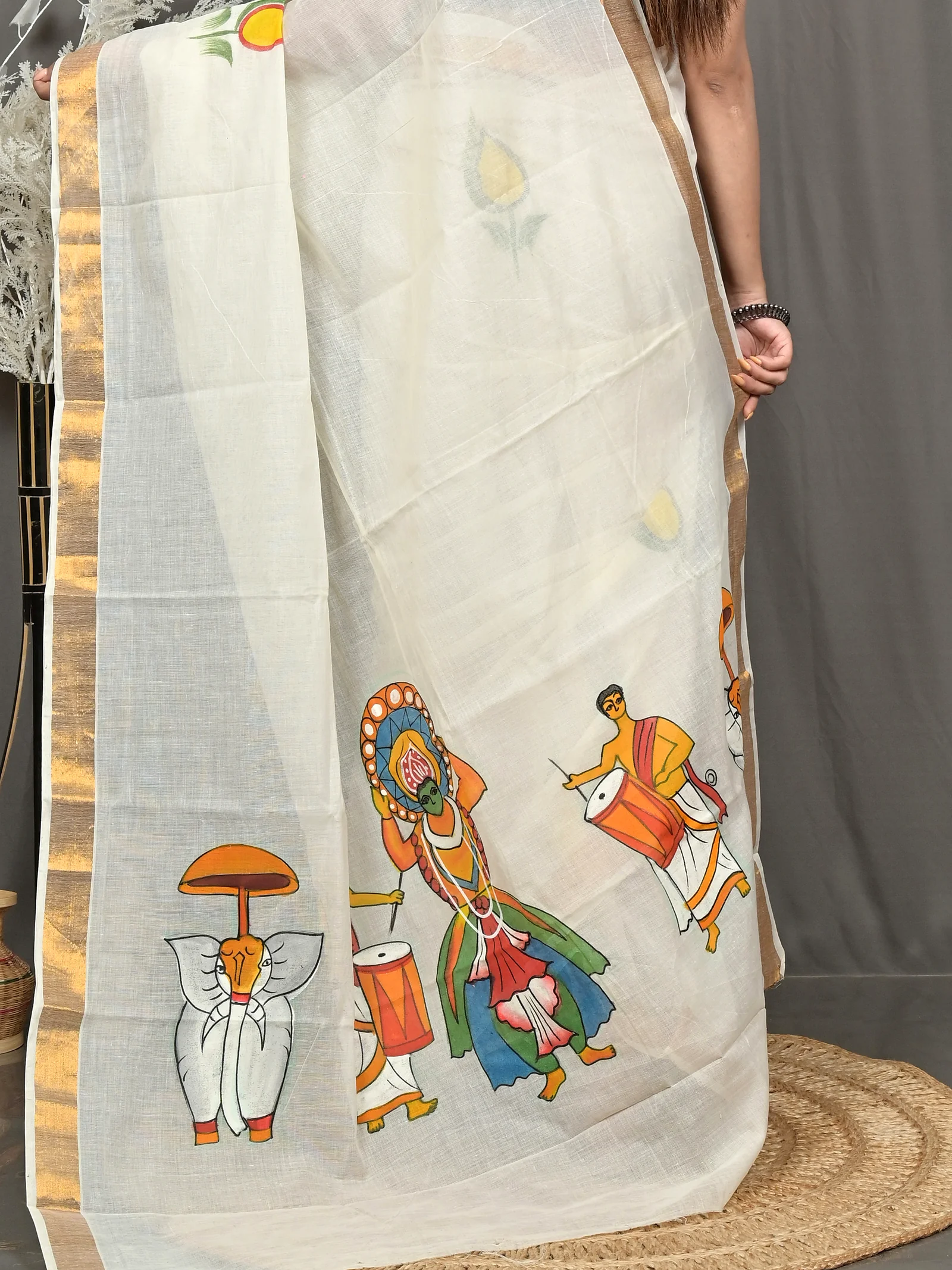 Multycolor Pure Cotton Hataka Hand Painted Saree (9119)
