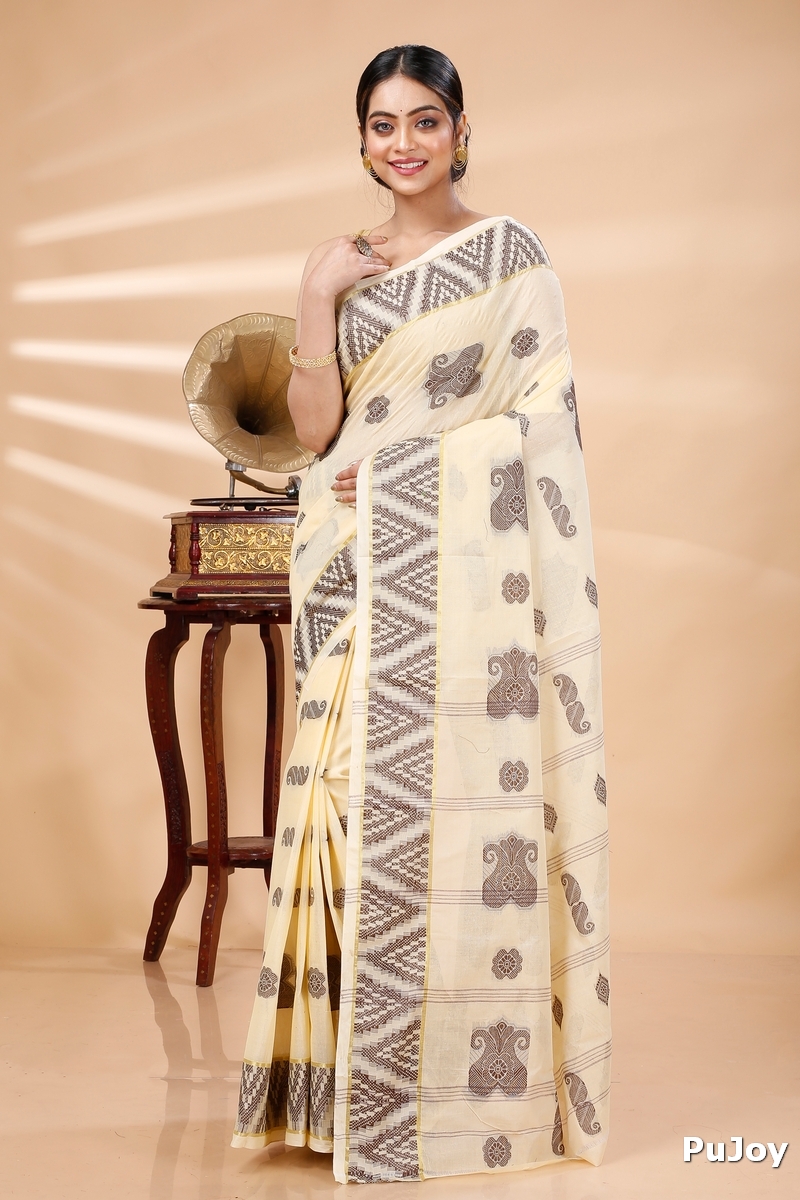 White Brown Pure Cotton Gargi Tant Saree (912)