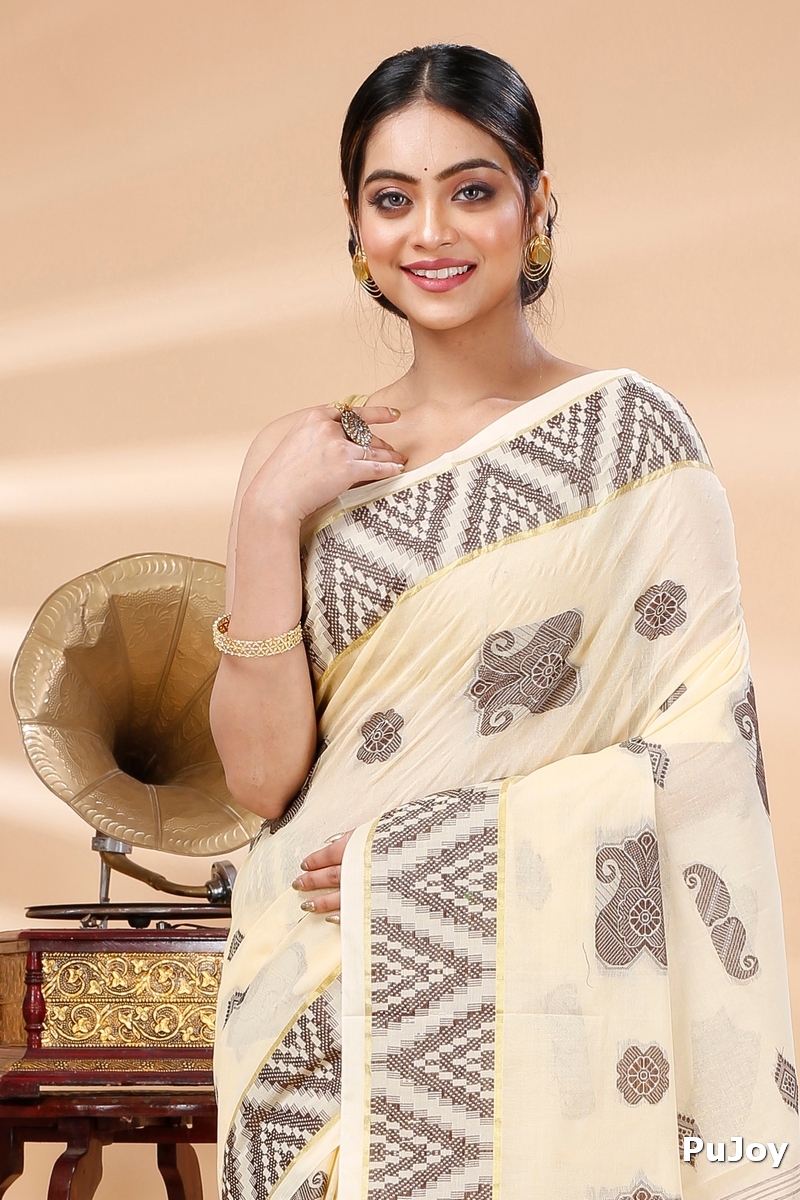White Brown Pure Cotton Gargi Tant Saree (912)