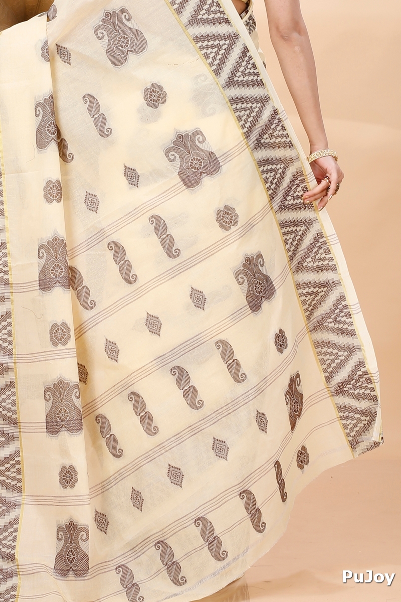 White Brown Pure Cotton Gargi Tant Saree (912)