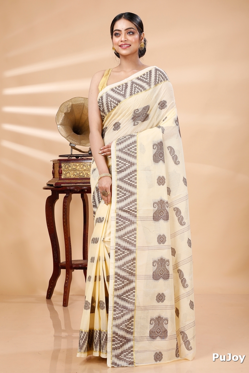 White Brown Pure Cotton Gargi Tant Saree (912)