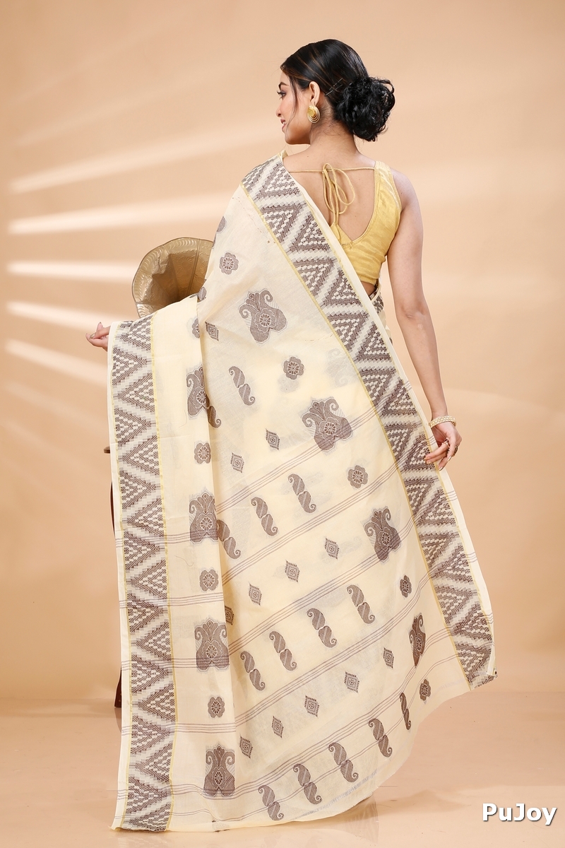 White Brown Pure Cotton Gargi Tant Saree (912)