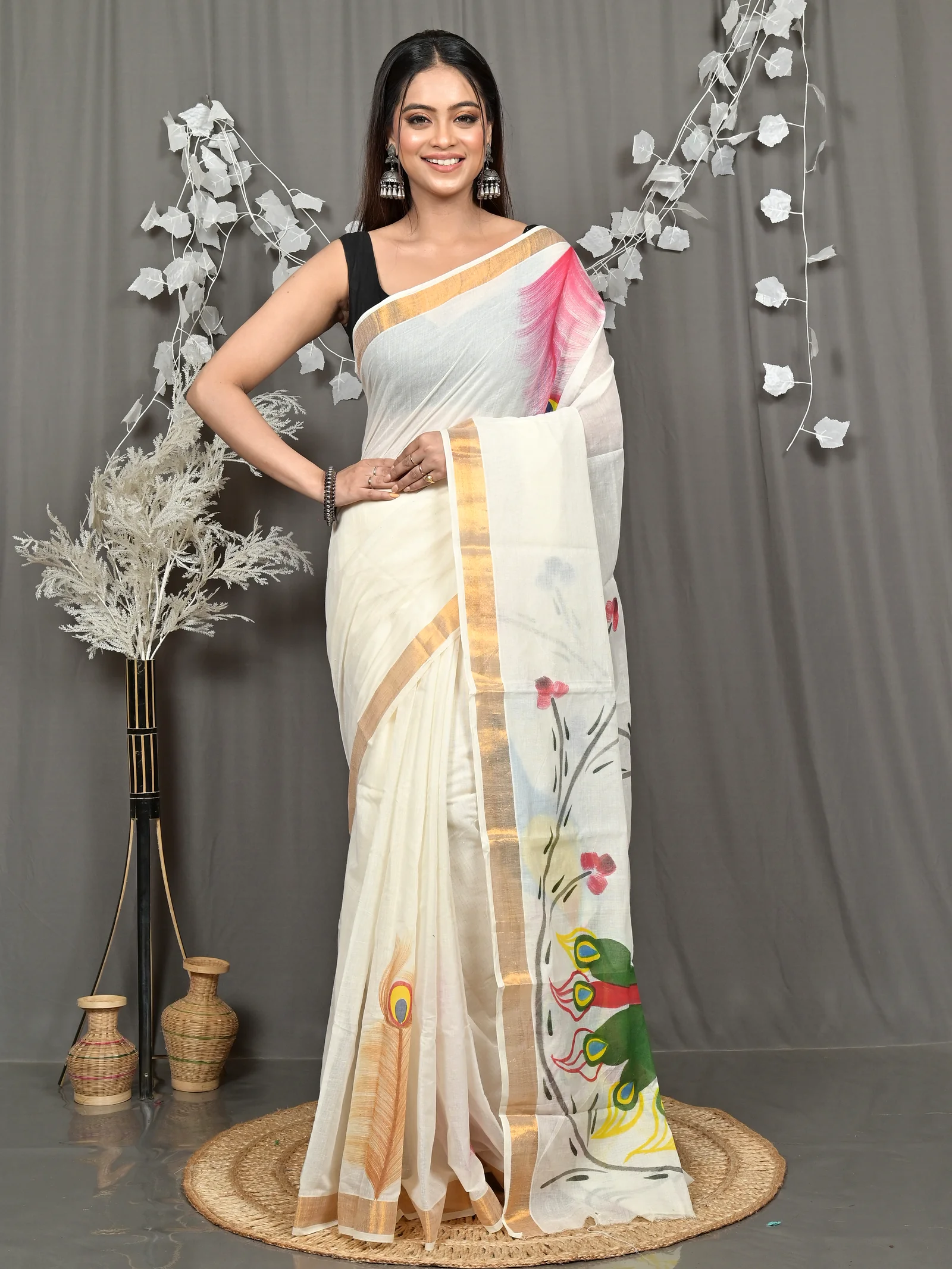 Multycolor Pure Cotton Hataka Hand Painted Saree (9120)