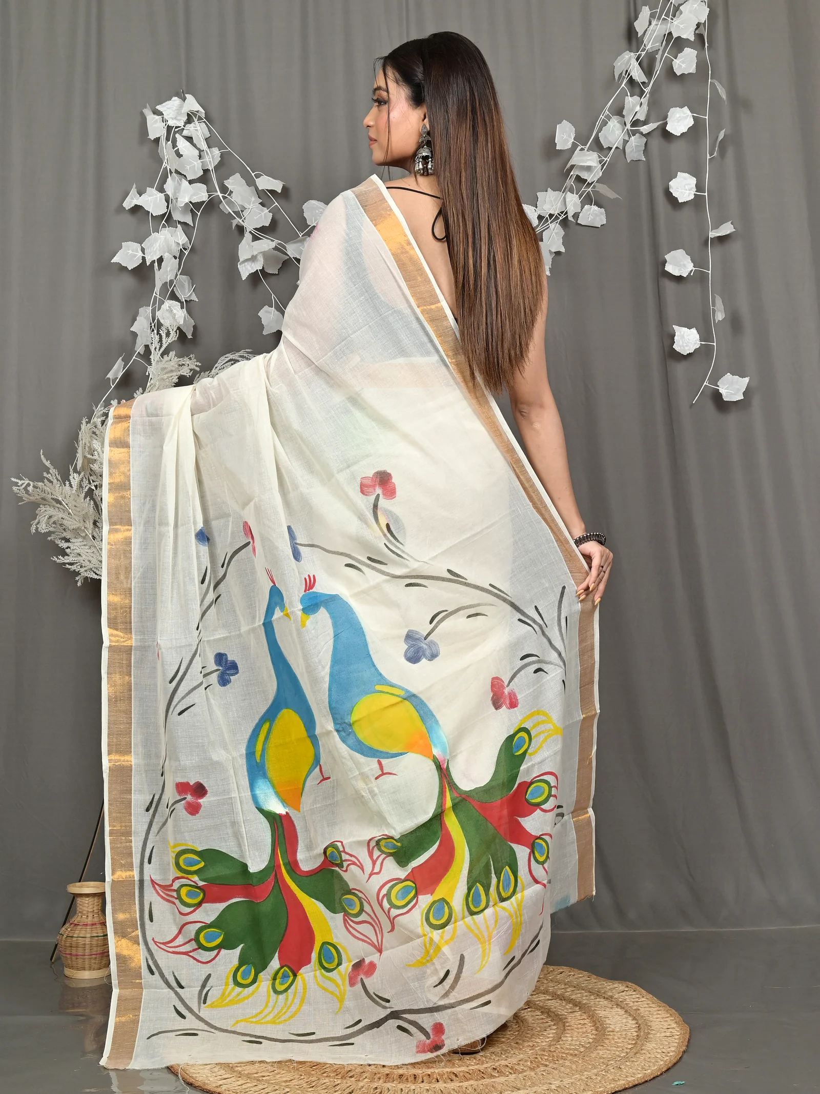 Multycolor Pure Cotton Hataka Hand Painted Saree (9120)