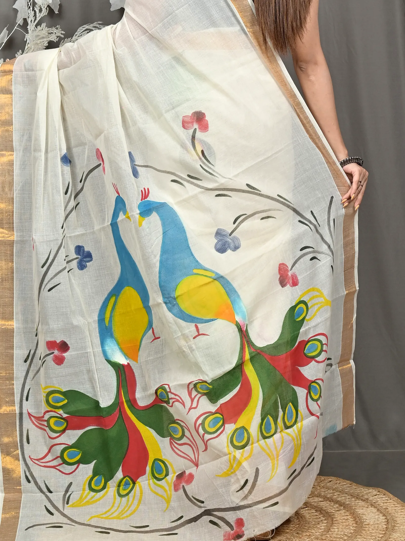 Multycolor Pure Cotton Hataka Hand Painted Saree (9120)