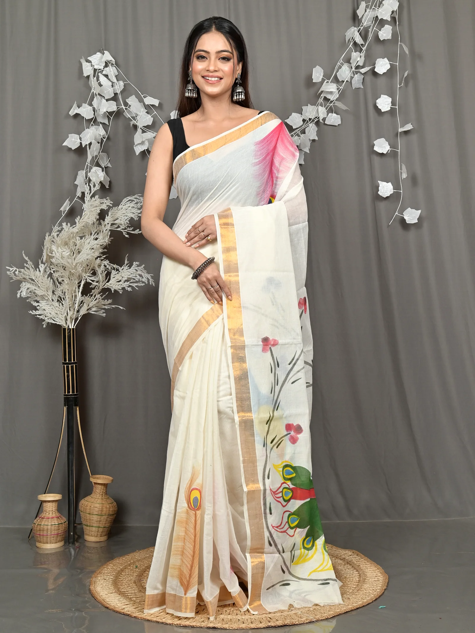 Multycolor Pure Cotton Hataka Hand Painted Saree (9120)