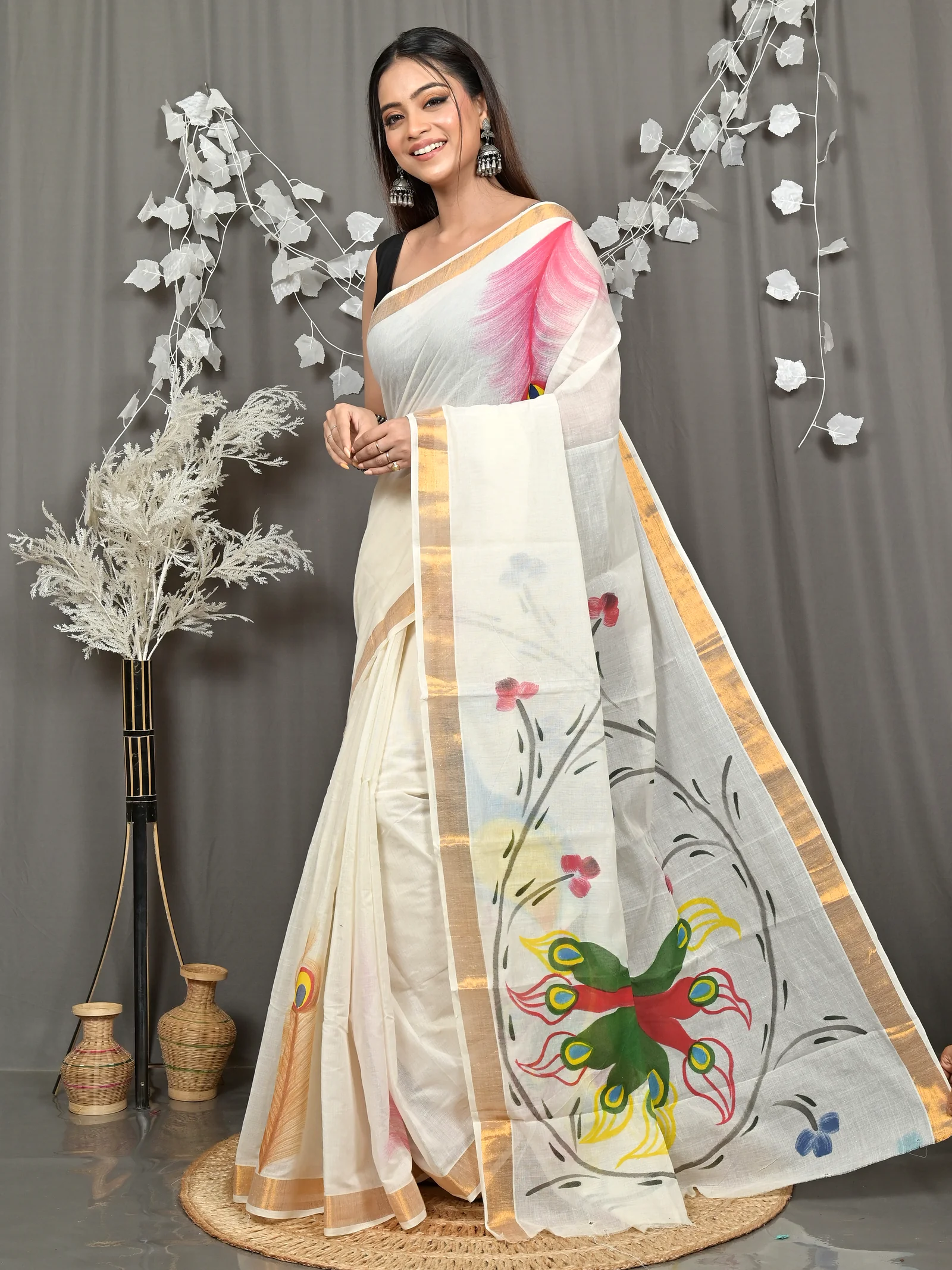 Multycolor Pure Cotton Hataka Hand Painted Saree (9120)