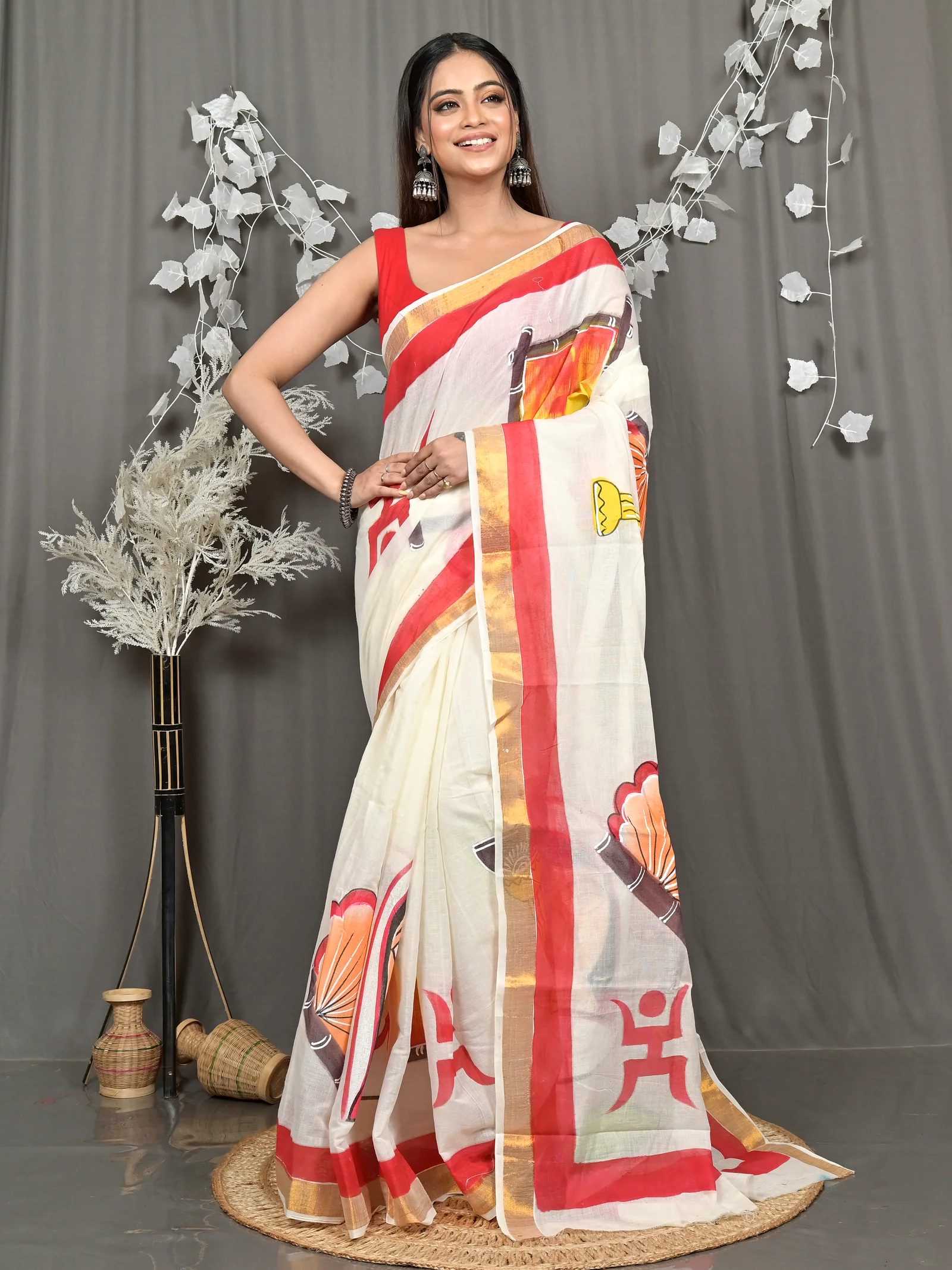 Multycolor Pure Cotton Hataka Hand Painted Saree (9121)