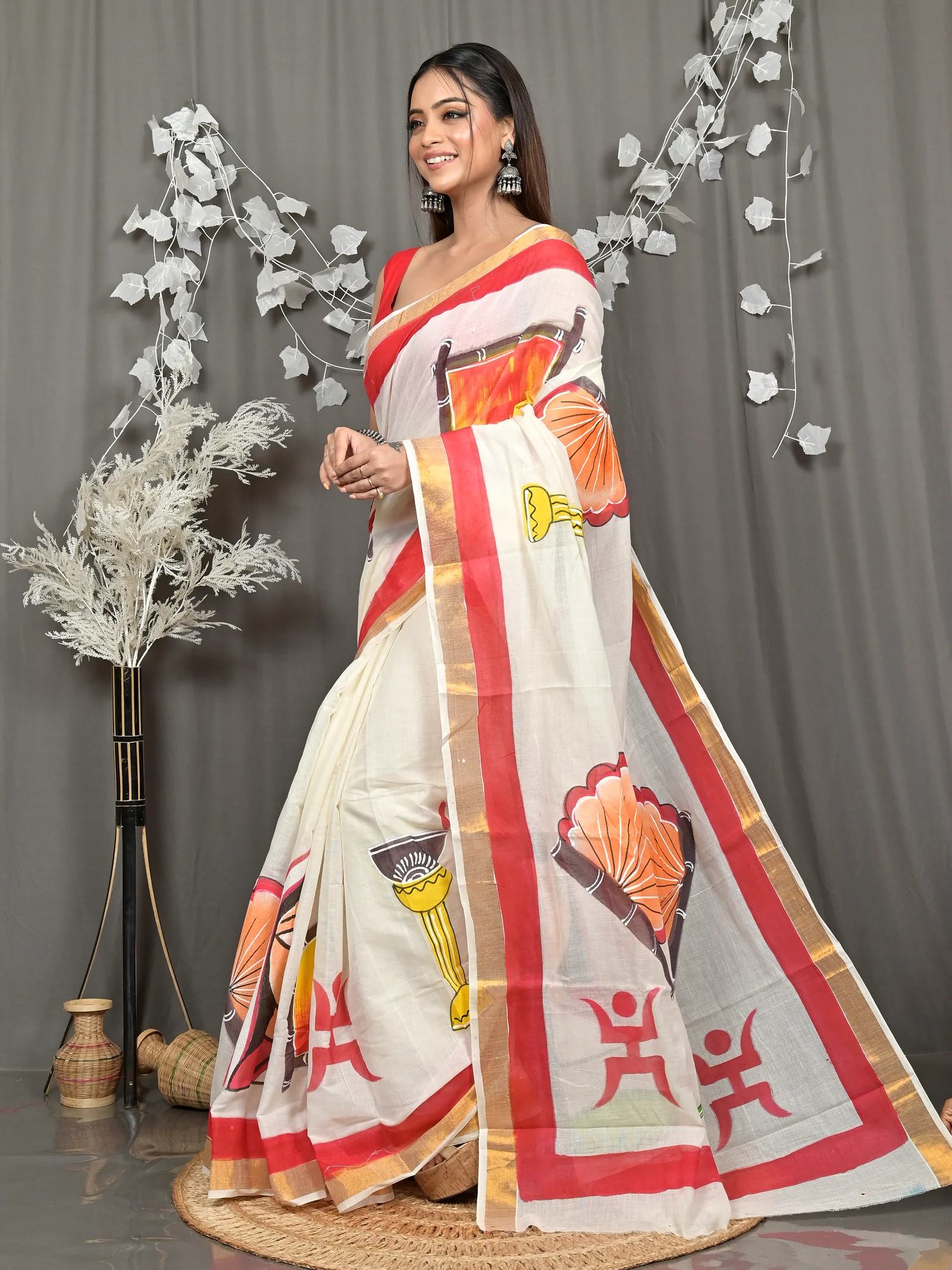 Multycolor Pure Cotton Hataka Hand Painted Saree (9121)