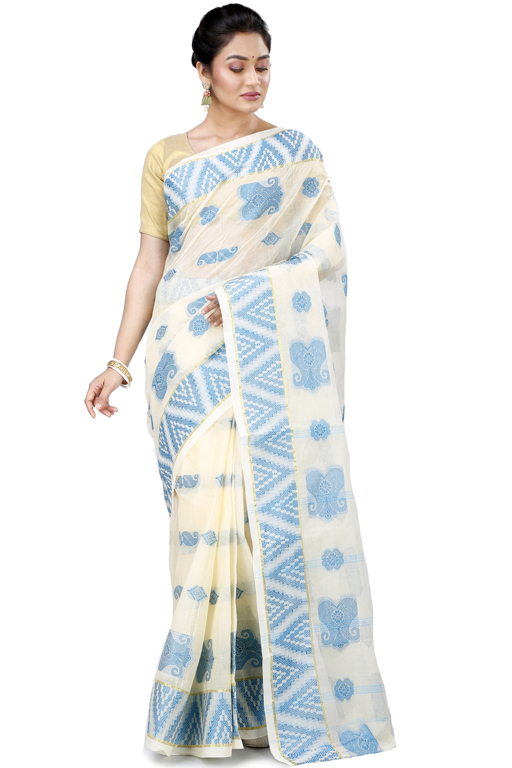 White Sky Blue Pure Cotton Gargi Tant Saree (913)