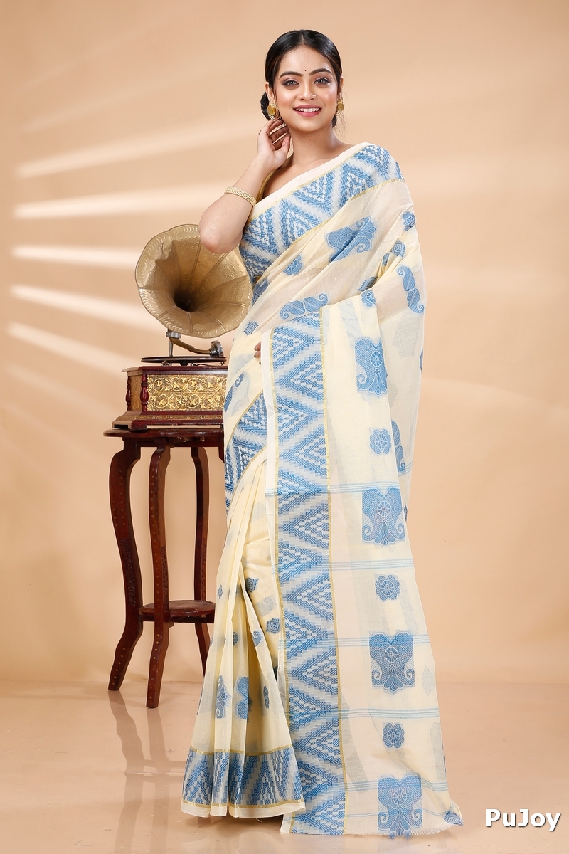 White Sky Blue Pure Cotton Gargi Tant Saree (913)
