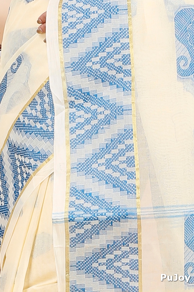 White Sky Blue Pure Cotton Gargi Tant Saree (913)