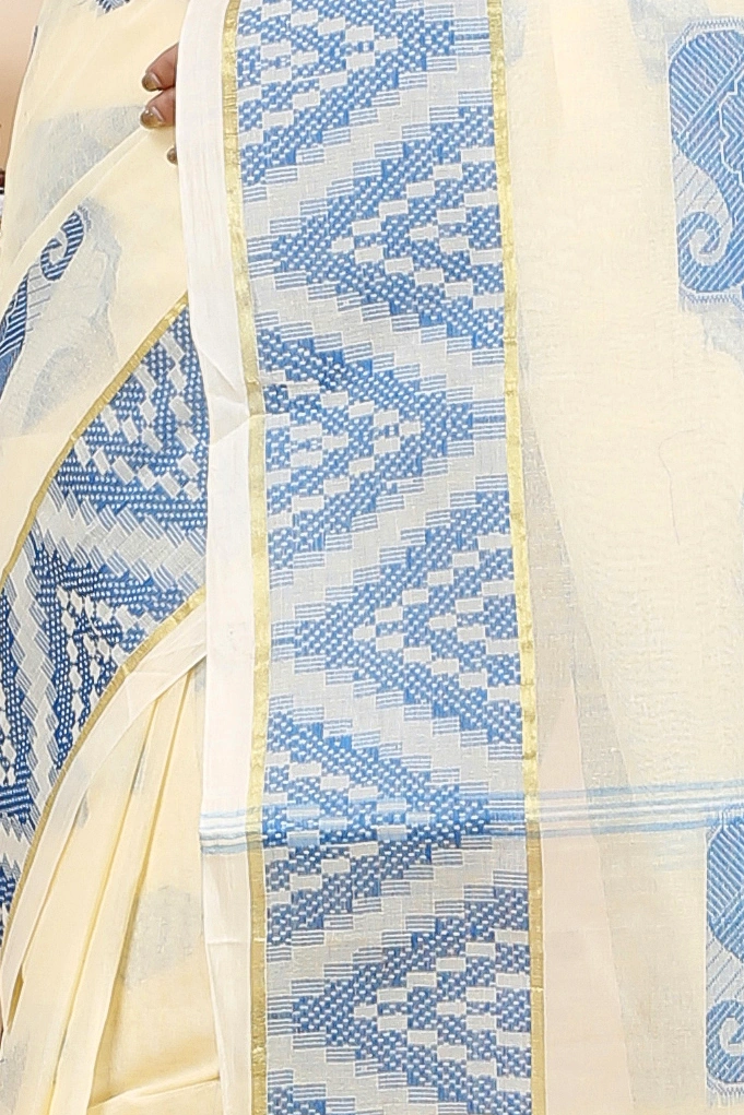 White Sky Blue Pure Cotton Gargi Tant Saree (913)