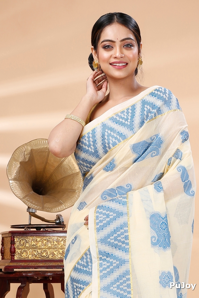 White Sky Blue Pure Cotton Gargi Tant Saree (913)