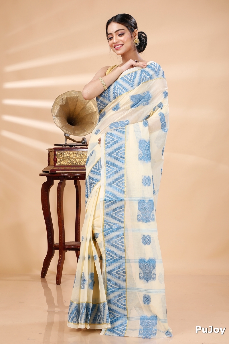 White Sky Blue Pure Cotton Gargi Tant Saree (913)