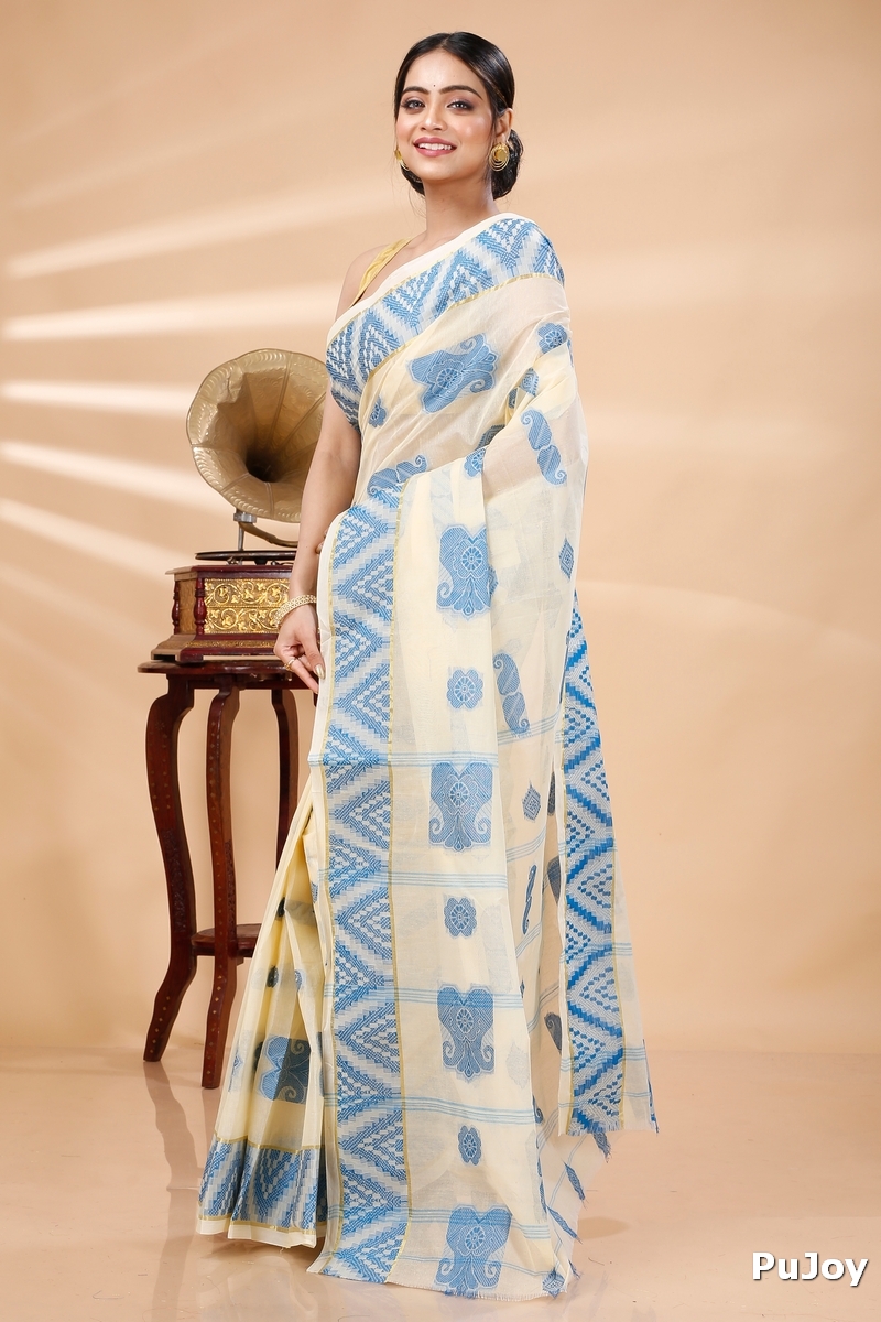 White Sky Blue Pure Cotton Gargi Tant Saree (913)